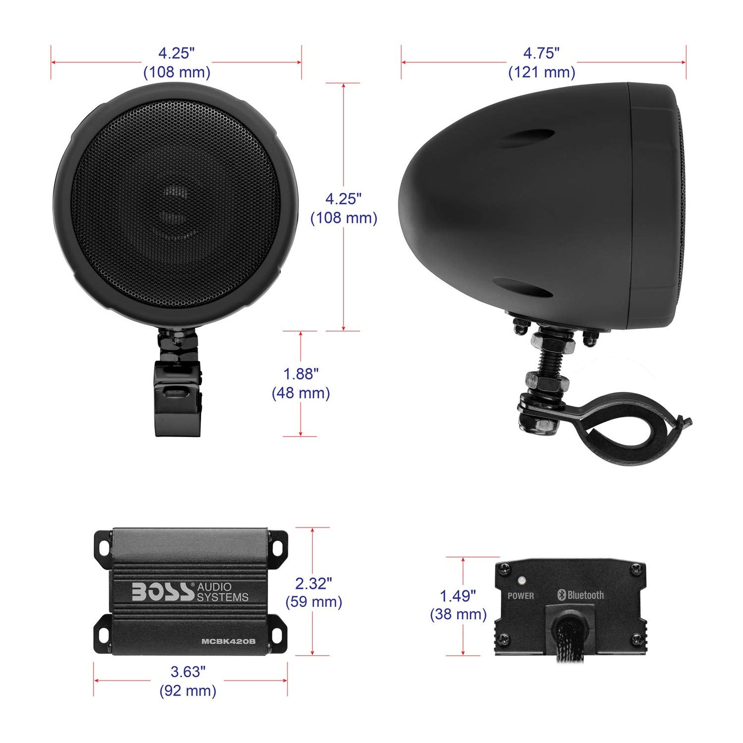 BOSS Audio Systems MCBK420B Motorcycle Bluetooth Speaker System - Class D Compact Amplifier, 3 Inch Weatherproof Speakers, Volume Control, Great for Use with ATVs/Motorcycles, 12 Volt Vehicles