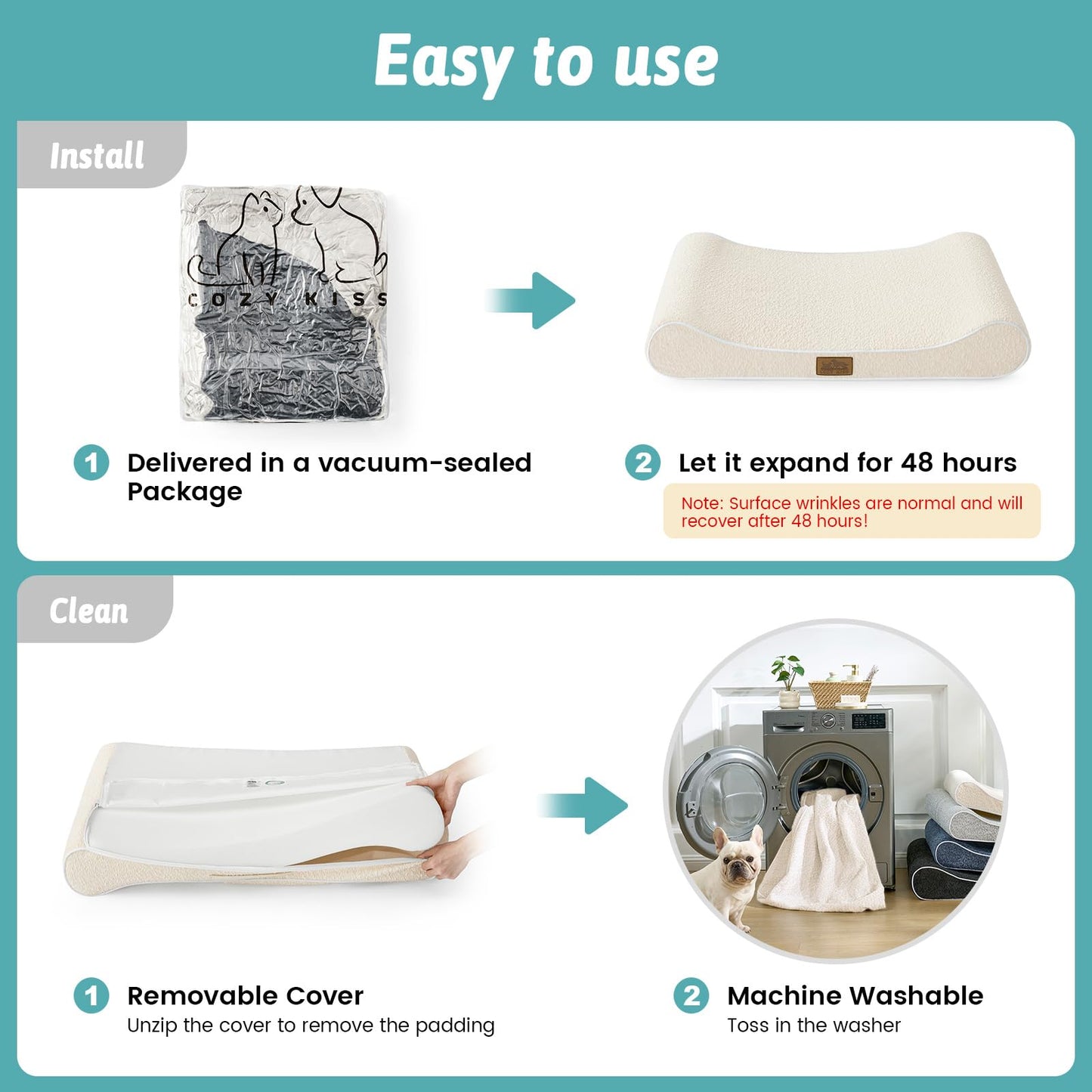 COZY KISS Orthopedic Dog Bed for Small Dogs up to 35 lbs - Removable Washable Cover with Waterproof Lining & Non-Skid Bottom, Cotton-Polyester Blend Boat-Shaped Lounger Mattress, S(30x20x5in), Beige