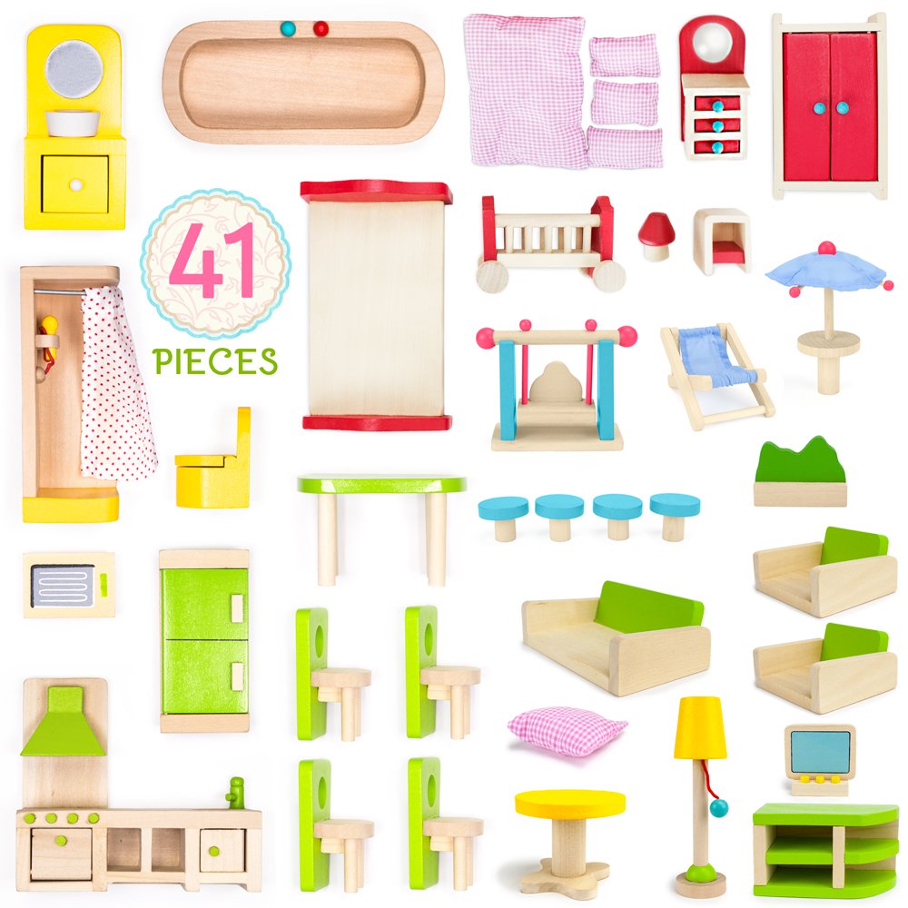 The Fully Furnished Bundle: 5 Sets of Colorful Wooden Dollhouse Furniture (41 Pieces) by Imagination Generation