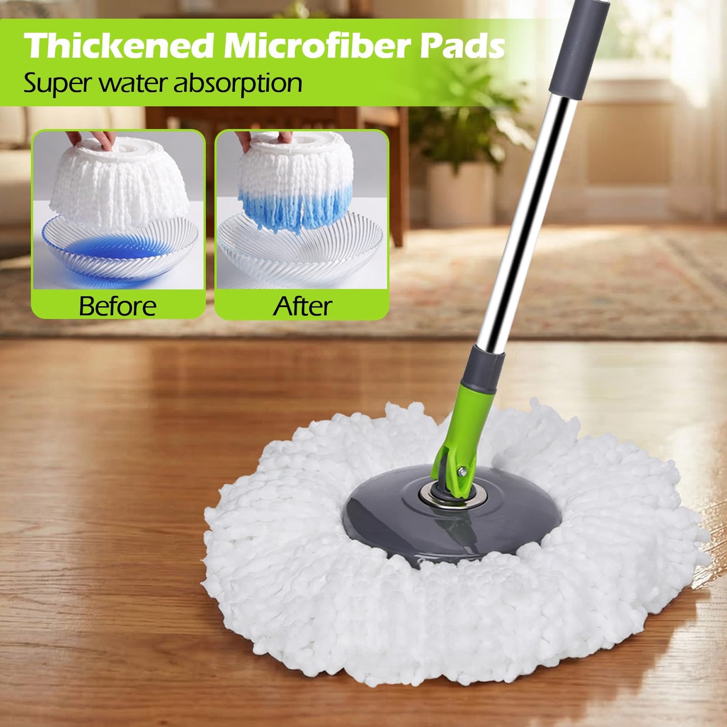 Almcmy Spin Mop and Bucket Set, Mop Bucket with Foot Pedal Wringer System, 3 Reusable Mop Refills, 130cm Long Handle, Easy Wring Magic Mop Floor Cleaning System, Green