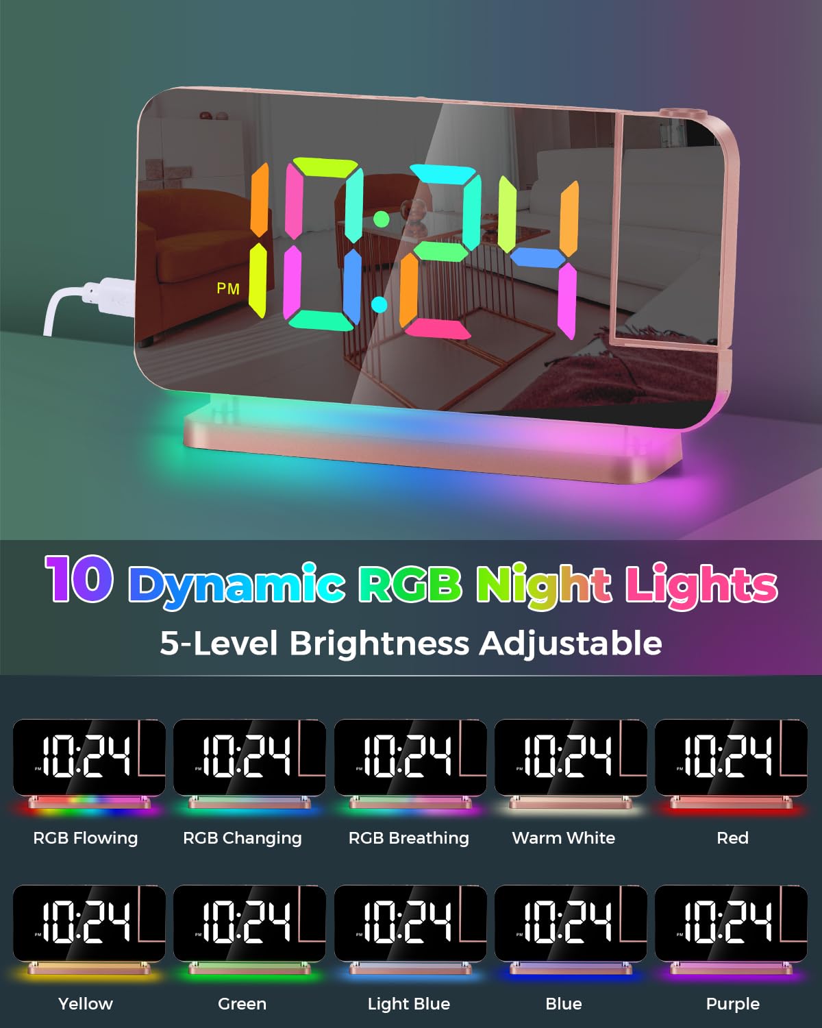 SZELAM Projection Alarm Clock,7.4 in LED Mirror Digital Clocks Projection on Ceiling Wall,with RGB Night Light,USB C Charging Port,Auto Dimming,Modern Desk Clock for Bedroom Decor - Rose Gold