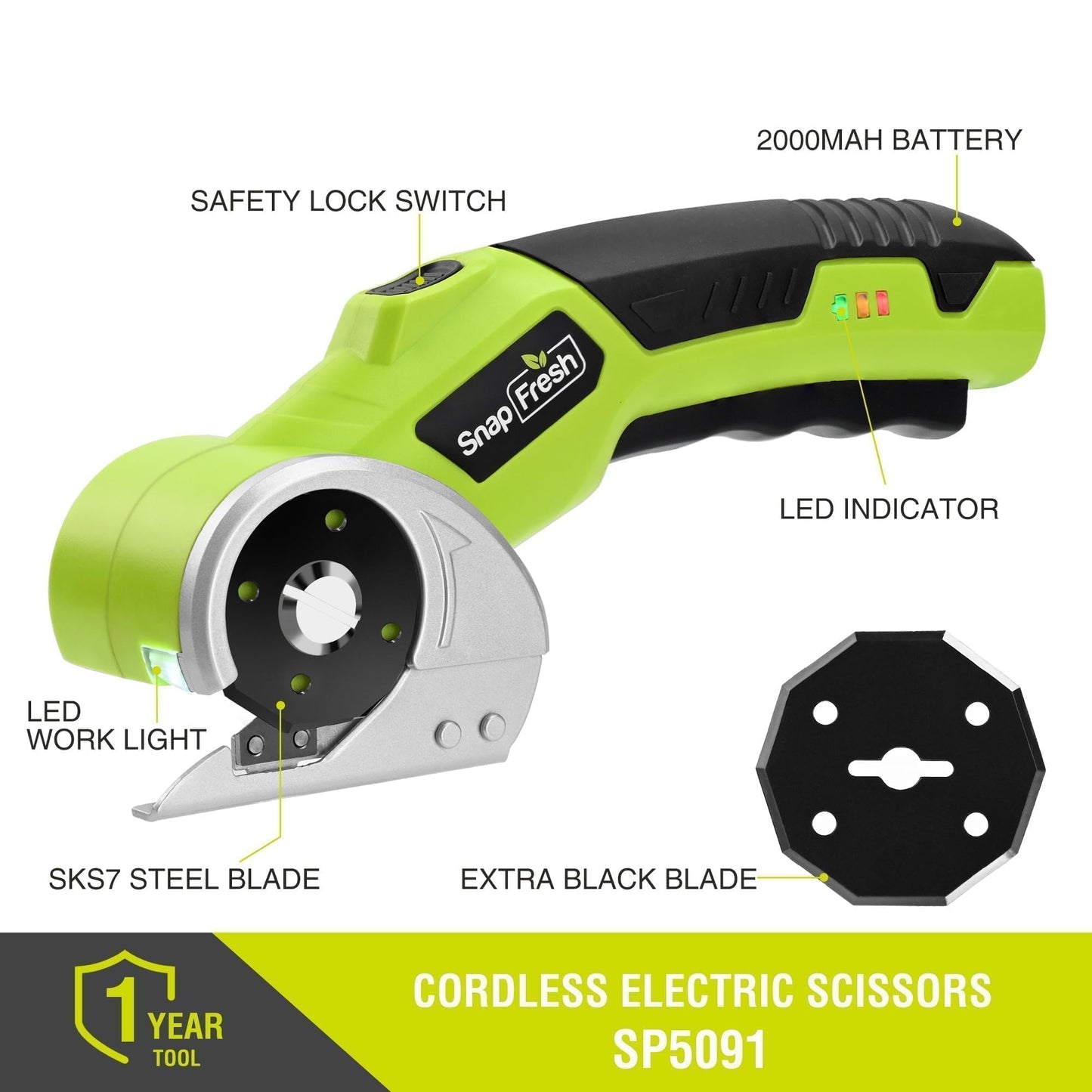 SnapFresh 4V Cordless Electric Scissors-Rechargeable Rotary Box Cutter w/ 2.0Ah Battery, 2 Self-Sharpening Blades, 285RPM,LED & Safety Lock,Carpet Cutter Tool for Cardboard, Fabric, Leather, Plastic