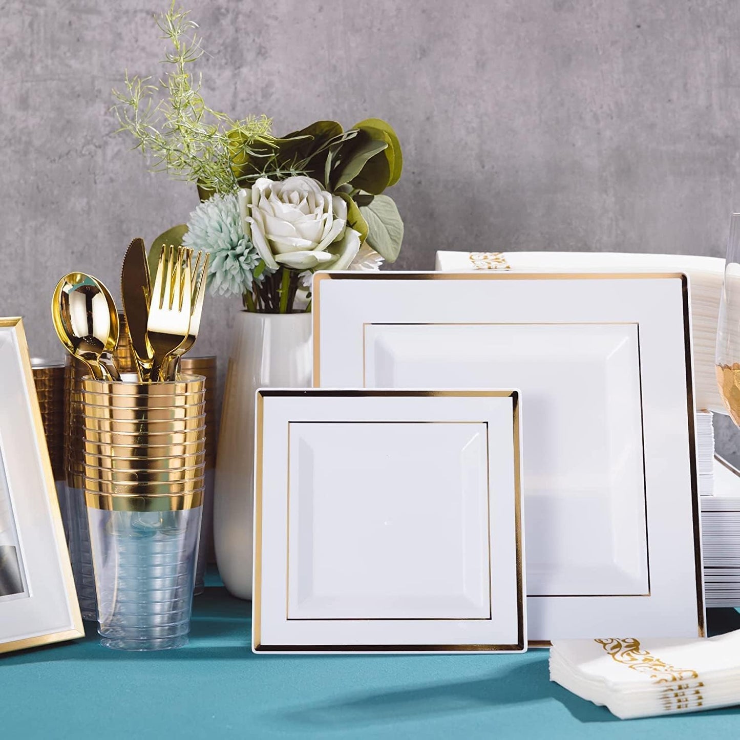 175PCS Gold Squart Plates with Plastic Silverware, Gold Disposable Dinnerware Set for Wedding & Party, Including 25 Dinner Plates, 25 Dessert Plates, 25 Cups, 25 Napkins, 25 Cutlery Set