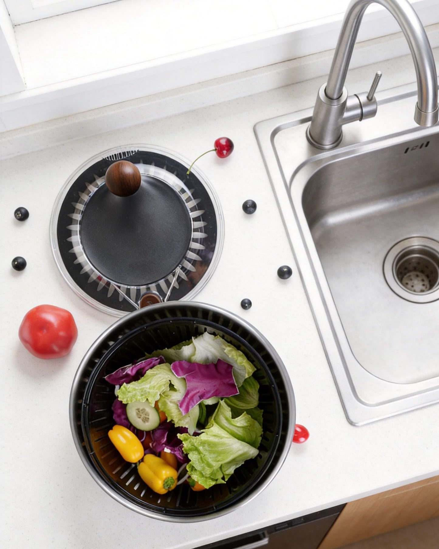 LokRoad Stainless Steel Salad Spinner, 5.3 Qt Large Lettuce & Vegetable Cleaner with Non-Slip Bottom, Quick Stop Button, Dishwasher Safe Fruit Washer, BPA-free, Black