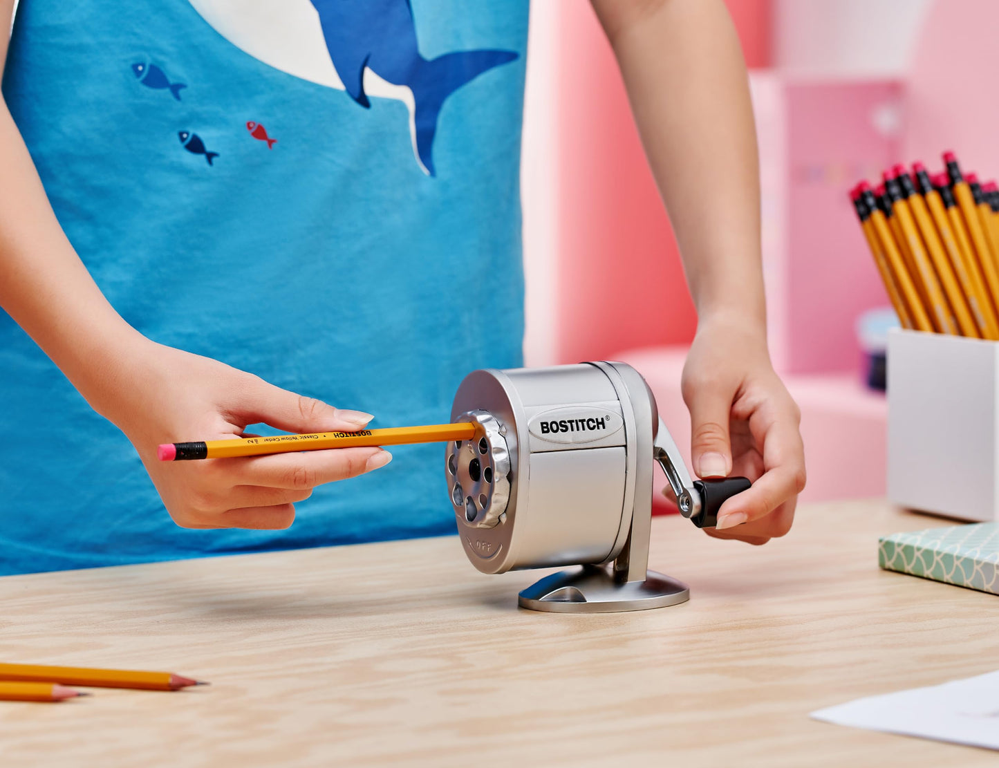 Bostitch Office Wall Mount Manual Pencil Sharpener, Tip Saver, 8 Hole Dial, 6X Longer Cutter Life, Vertical or Horizontal Mounting, Silver