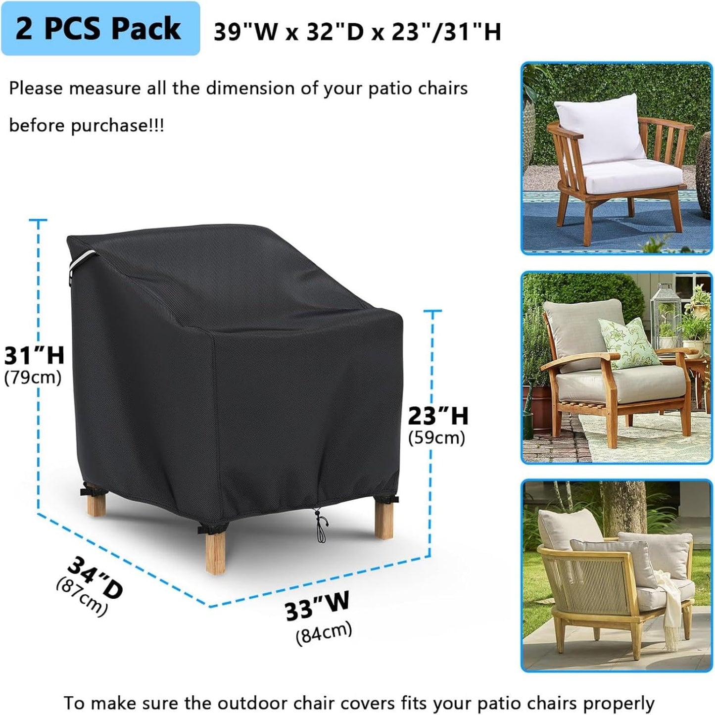 Gasadar Patio Chair Cover-2 Pack, Heavy Duty Waterproof UV Resistant Anti-Fading Chair Covers for Lawn Outdoor Furniture Chairs,33"W x 34"D x 31.1"H