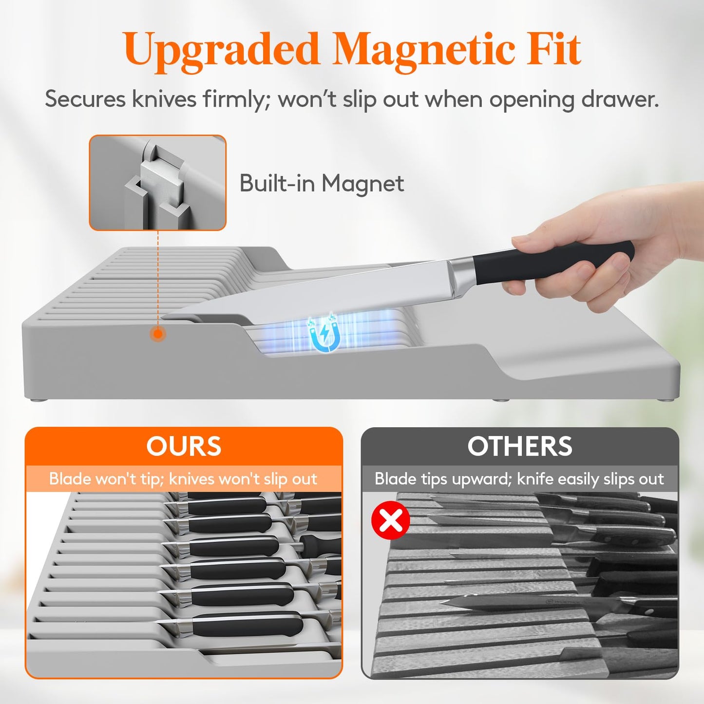 Lifewit Magnetic Drawer Knife Organizers Insert, Kitchen Plastic In Drawer Knife Block Slots, Steak Chefs Knives Holder Storage Sets for 16 Knives and 1 Sharpening Steel, Extra Large, Gray