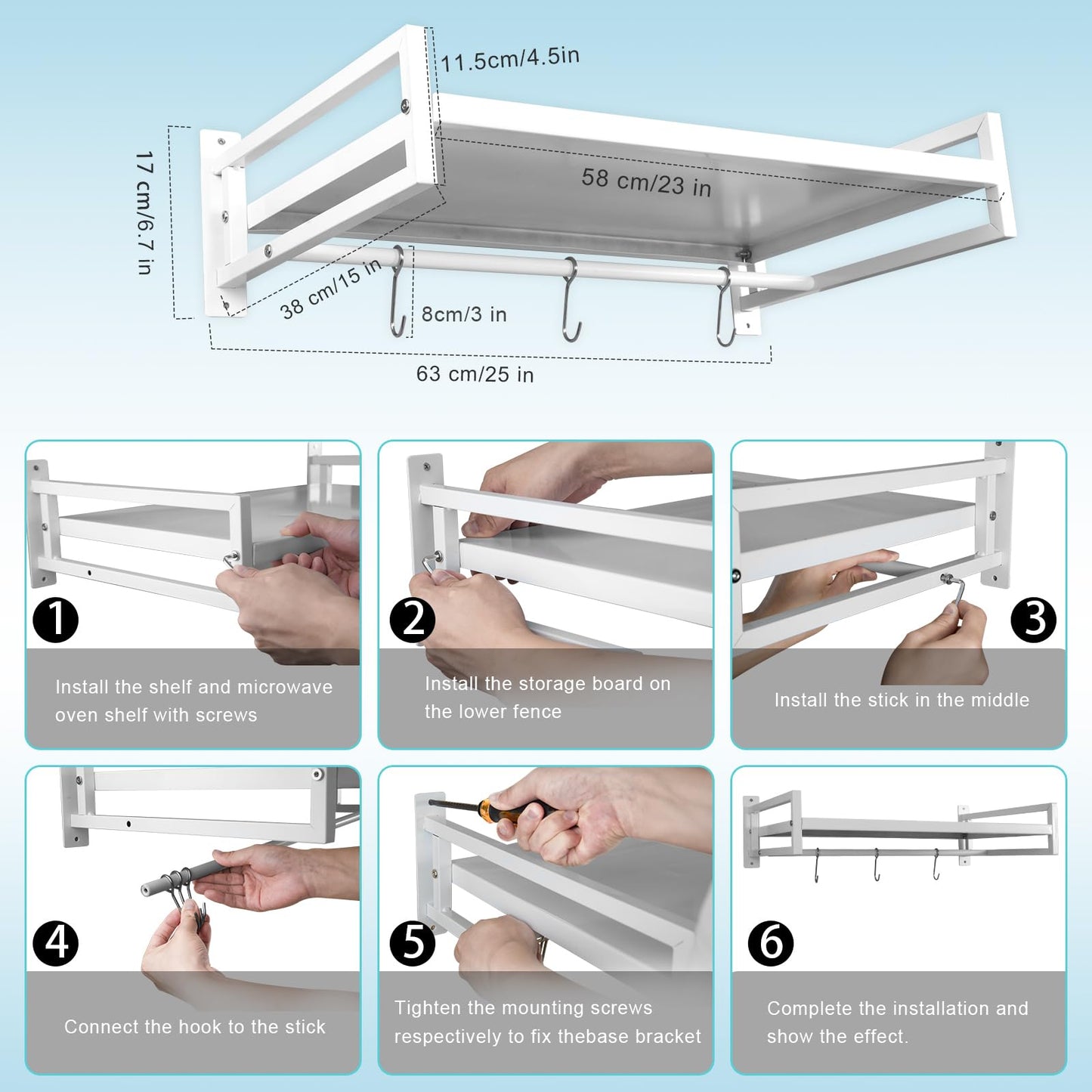 ABCOOL Wall Mount Microwave Oven Shelf, Carbon Steel Counter Countertop Holder Rack with Hook Rail and 3 Slidable Hooks for Kitchen Home