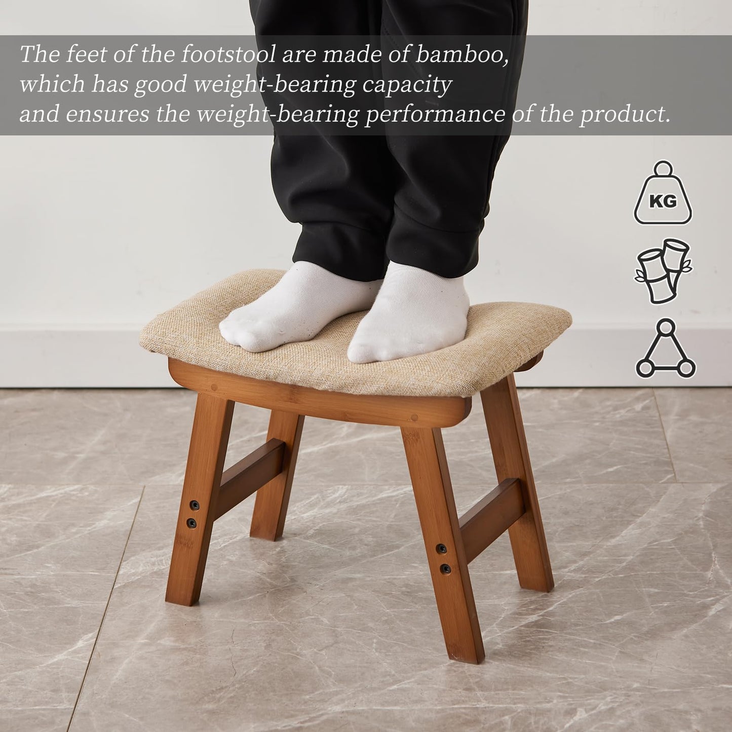 Kitsanery Foot Stool,Ottoman and Footstool,Small Sofa Foot Rest,Bamboo Foot Stool Under Desk,Extra Seating for Living Room, Bedroom and Kitchen (Brown Stool Legs - Beige Surface)