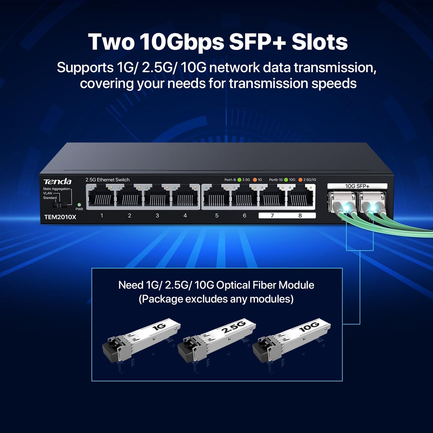 Tenda TEM2010X, 8 Port 2.5G Ethernet Switch Support VLAN & Static Link Aggregation, Unmanaged 2.5Gb Switch with 8 x 2.5G Ports & 2 x 10Gb SFP Slots, 80Gbps Switching Capacity, Fanless Metal Design