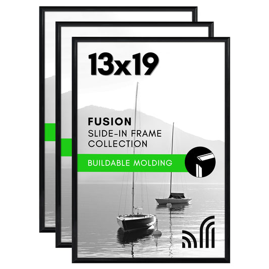 Americanflat 13x19 Picture Frame with Polished Front Cover - Set of 3 - Slide-In Photo Frame with Buildable Molding - Fusion Collection - Picture Frames for Wall Display - Black