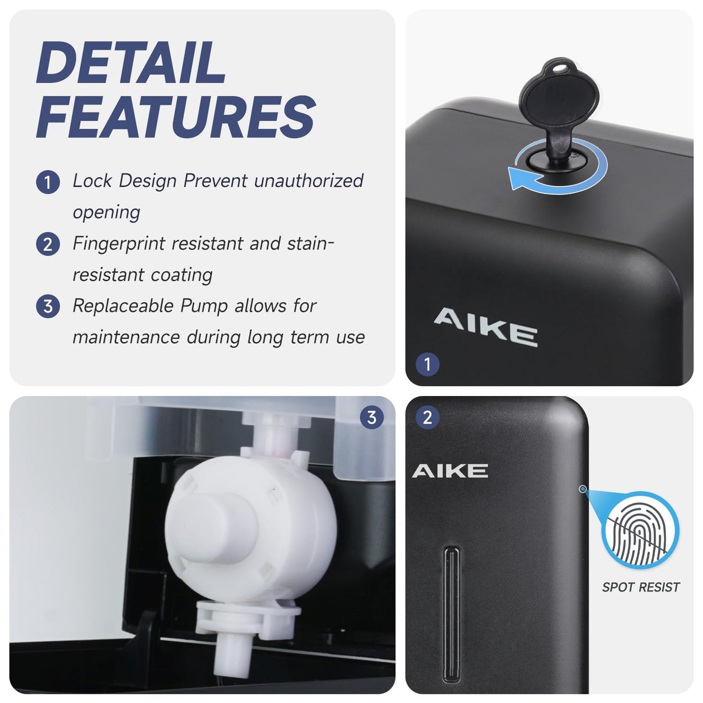 AIKE Wall Mount Liquid Soap Dispenser for Commercial Bathroom 27oz 800ml Large Capacity Manual Push Pump Black