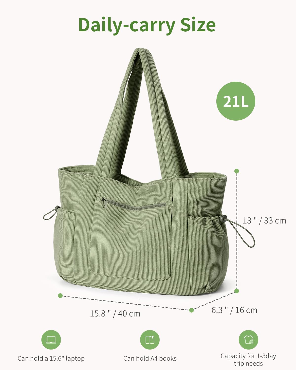 ECOHUB Tote Bag for Women, Work Tote Bags with Laptop Compartment, Large Corduroy Tote Bag with Stanley Cup Holder, Shoulder Bag Handbag for Travel Weekend Gym Green