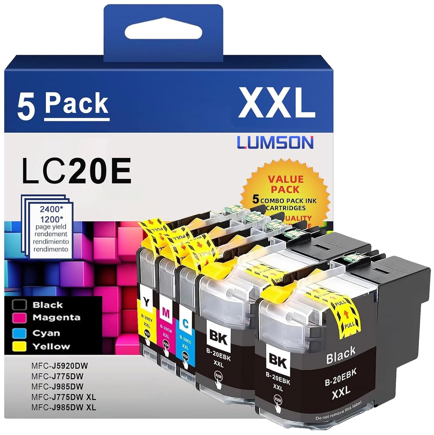 LC20E High Yield Ink Cartridges Replacement for Brother LC20E LC-20E XXL Ink Cartridges use with MFC-J5920DW MFC-J775DW MFC-J775DW XL MFC-J985DW MFC-J985DW XL Printer (2BK/C/M/Y,5 Pack)