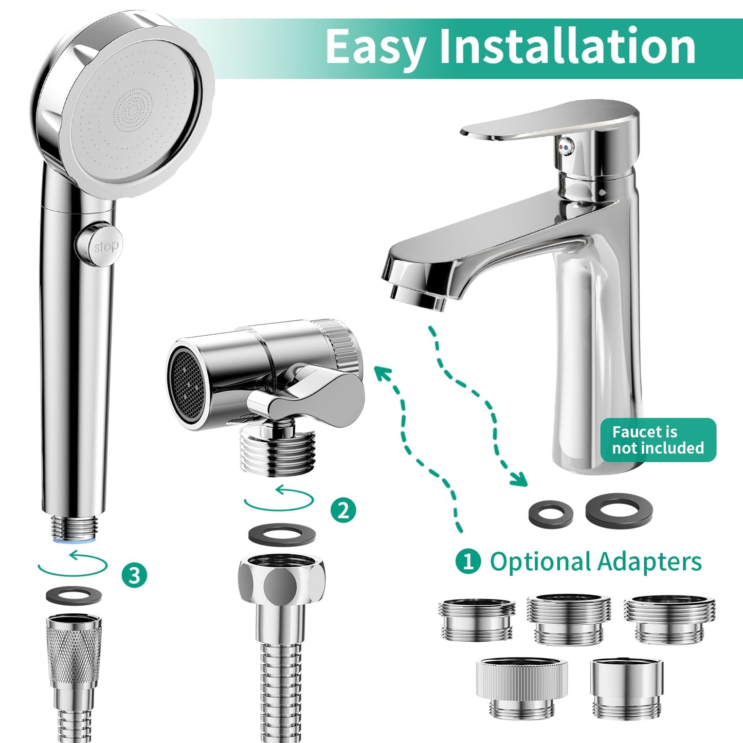 HEROBAI Sink Hose Sprayer Attachment, 3 Mode Shower Head Attaches to Tub Faucet with 5 Adapters, High Pressure Shower Head for Bathtub, Handheld Shower Head with Filter (Chrome)
