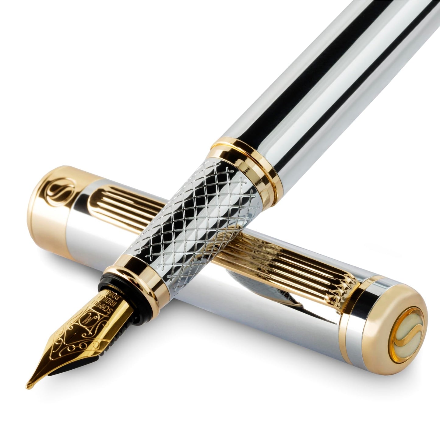 Scriveiner Silver Chrome Fountain Pen – Luxury Pen with Precision German Schmidt Medium Nib, Gold Plated Detailing, Balanced Construction, Effortlessly Smooth Executive Writing Gift Set