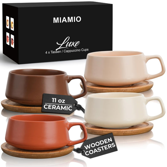 MIAMIO – 320 ml., Set of 4 Ceramic Tea Cup and Saucer Bamboo/Tea Mug - Wide Cappuccino Cup, Coffee Cups Ceramic Mug for Cappuccino, Latte, Espresso & Americano - Luxe Collection (Beige Pastel)