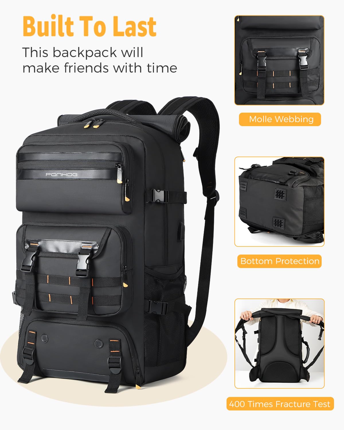 Ponhog Travel Backpack for Men - 50L Convertible Duffle Bag with Shoe Compartment, Carry On Laptop Backpack with USB Charging Port, Water Resistant Hiking Backpack Gym Daypack, Black