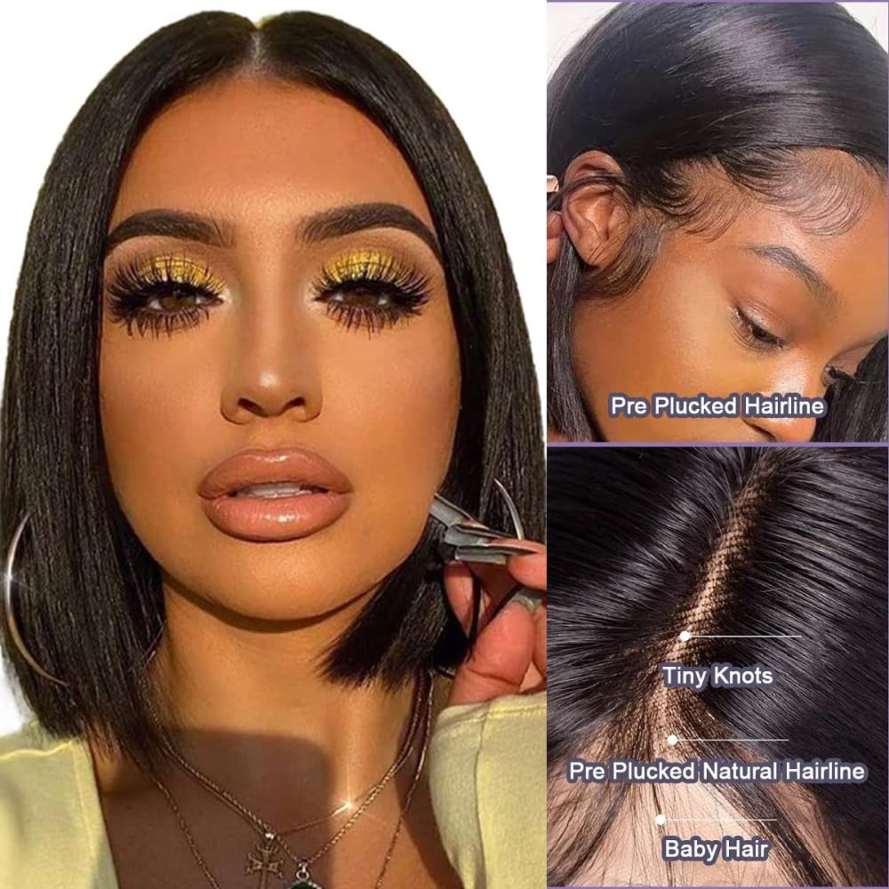 Bob Wig Human Hair 13x4 Lace Front Wigs for Black Women 16 Inch Straight Short Bob Human Hair Wigs Perruque Femme Humain Naturel 150% Density Black