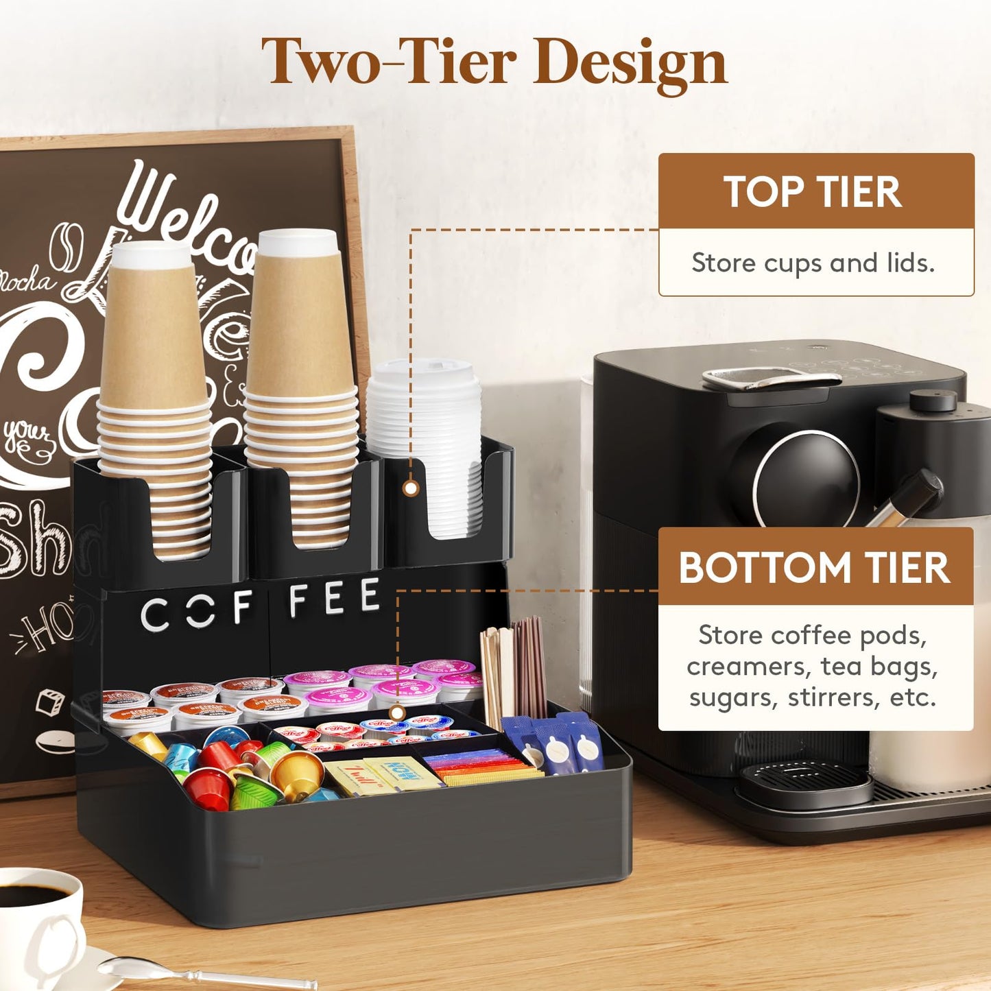 Lifewit Coffee Station Organizer for Countertop, 2 Tier Pod Holder for Coffee Bar Accessories, Tea Bag, Condiments, Upright Cup Storage for Office Breakroom, Home Kitchen, 10 Compartments, Black