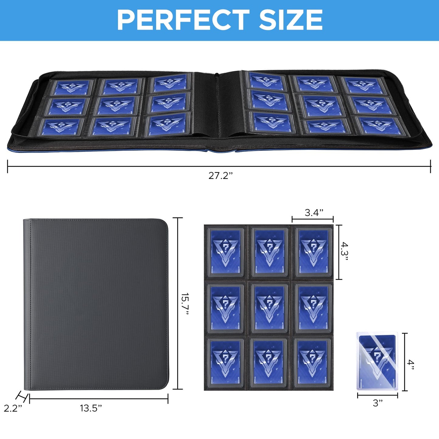 Top Loader Binder with 20 Toploader, JIQEZNL Premium 9 Pocket top loaders Binder for Cards, Holds 288 Toploaders, Top Loader Binders for Trading Cards, Fit for 3 x 4'' Toploaders -BK