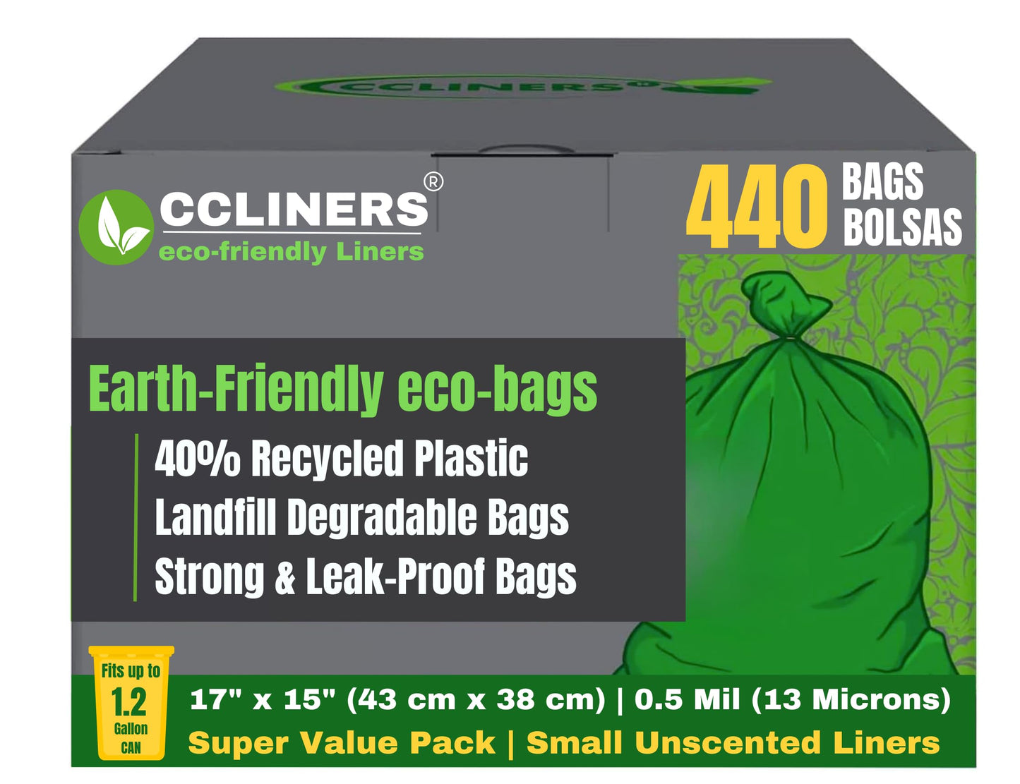 1.2 Gallon (5 Liter) Samll Biodegradable Trash Bag (440 Count) Green Eco-friendly Small Garbage Bags Made W/EPI 1 Gallon Can Liners for Home Kitchen Office (440 Bags)