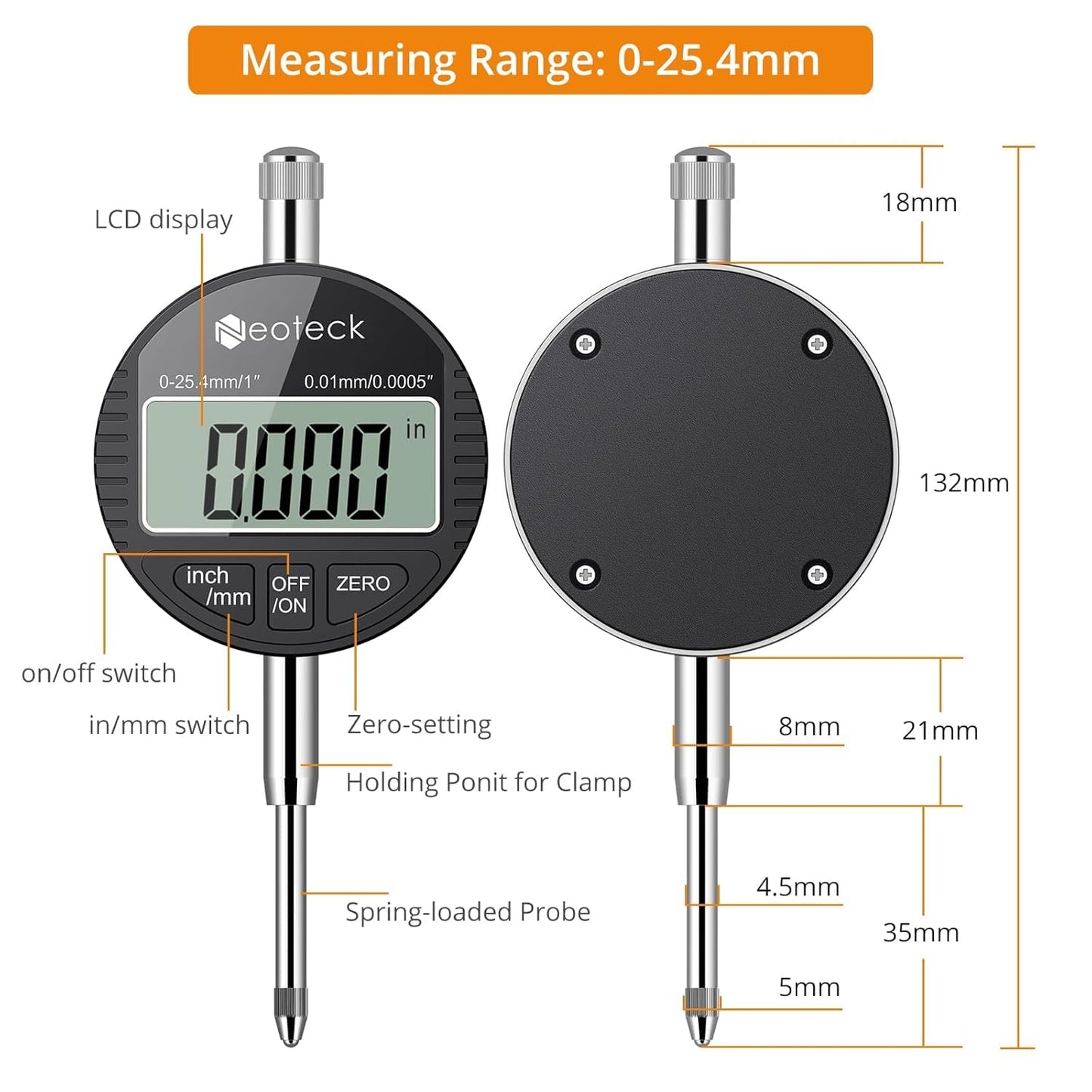 Neoteck Digital Dial Indicator Gauge and Magnetic Base Set, 0-1 inch/ 25.4mm, 0.01mm/ 0.0005" Inch/Metric Conversion Measuring Tool for 3D Printer and Lathe