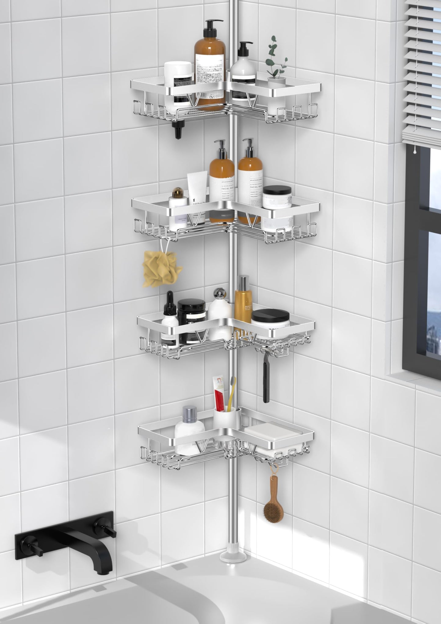 KEGII Corner Shower Caddy Tension Pole, Stainless Steel Bathroom Organizer with Hooks & Soap Holder, Adjustable from 25 to 114.2 inch, 4-Tier Corner Shower Rack for Bathtub Shampoo Storage - Silver