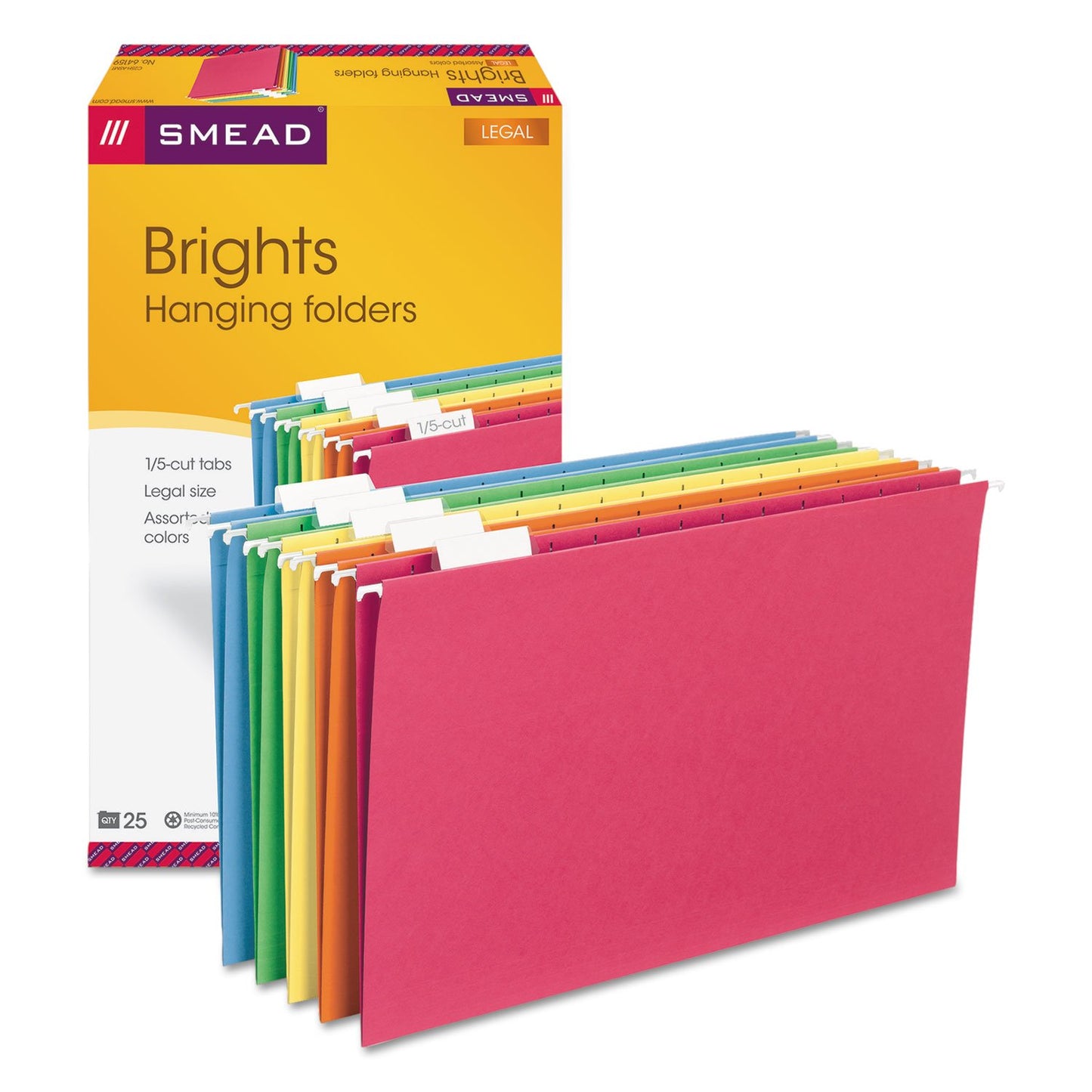 Smead Hanging File Folders, 25-Pack, Legal Size, 1/5-Cut Repositionable Tabs, Assorted Colours, Blue Green Yellow Orange Red, Colour-Coded Filing for Home Office, School and Business