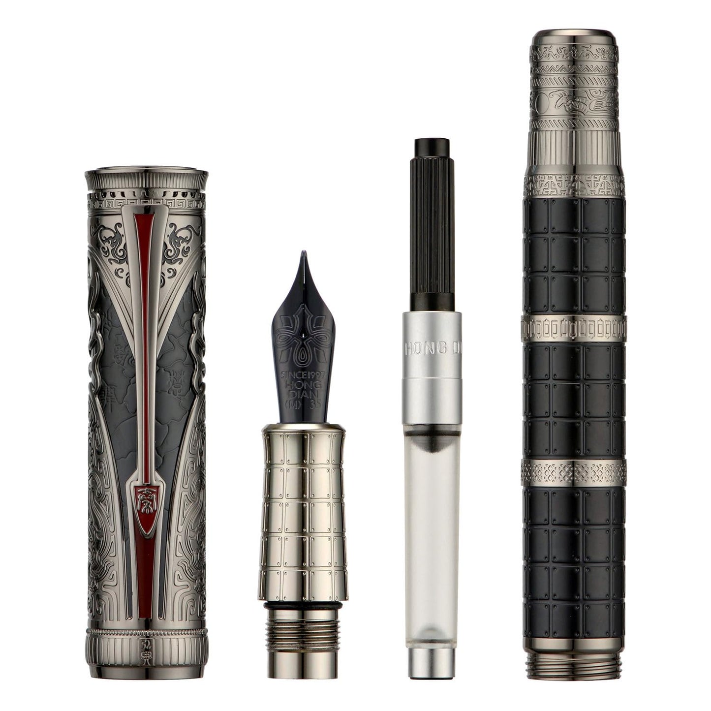 Hongdian D5X Fountain Pen Black Color Medium Nib, Qin Dynasty Retro Chinese Totem Engraving Smooth Writing Pen with Converter and Pen Box Set