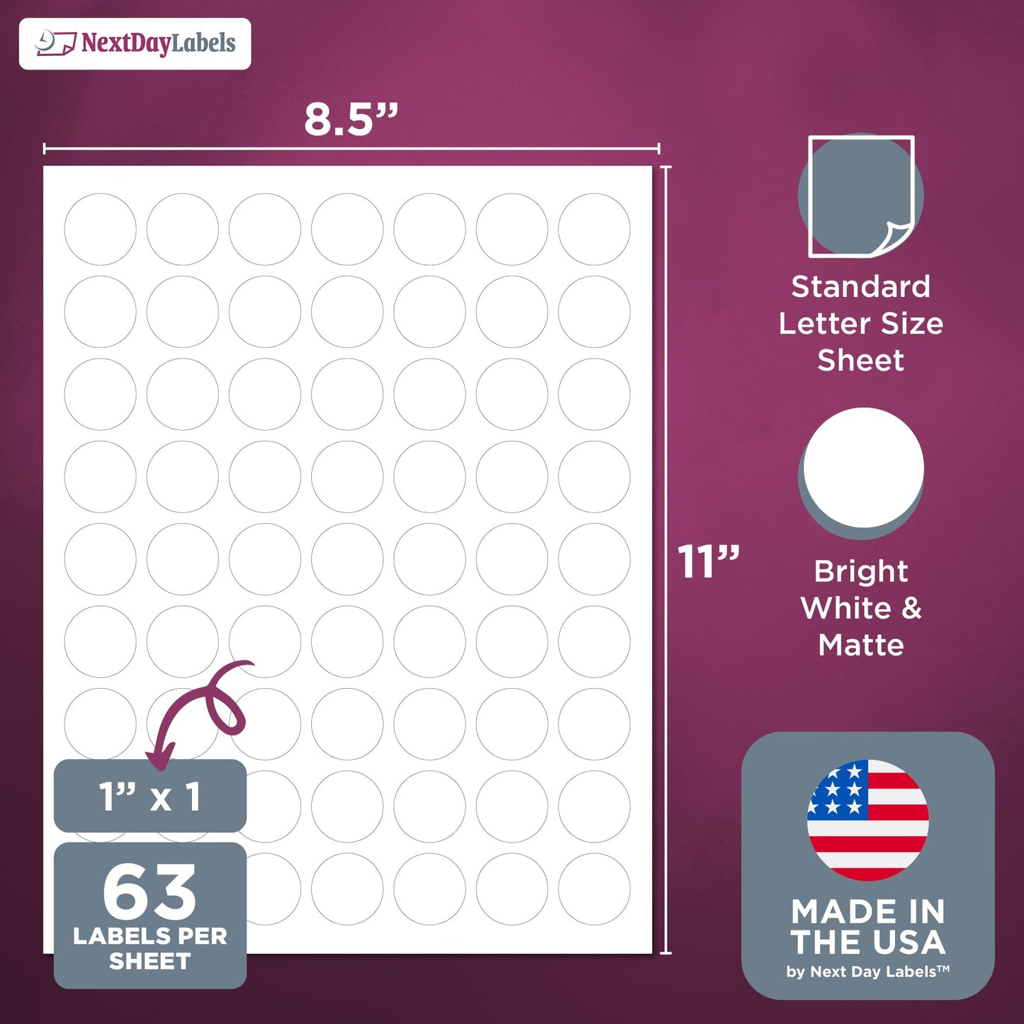 NextDayLabels - 1 Inch Round Labels - Round Sticker Labels for Printer - Matte White Blank Laser/Inkjet Printer Labels - Circle Stickers Printable Labels (100 Sheets, 63 Per Sheet, 6300 Labels)