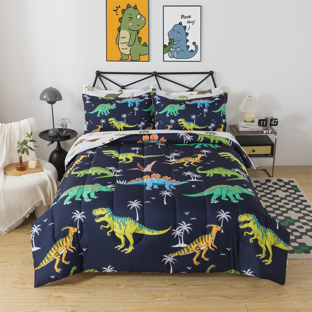lishjekee 5 Pieces Dinosaur Comforter Twin for Kids Jungle Dinosaurs Bedding Set Bed in A Bag for Boys T-Rex Dino Comforter and Sheets Set for Teens Animal Bed Sets Home Decor