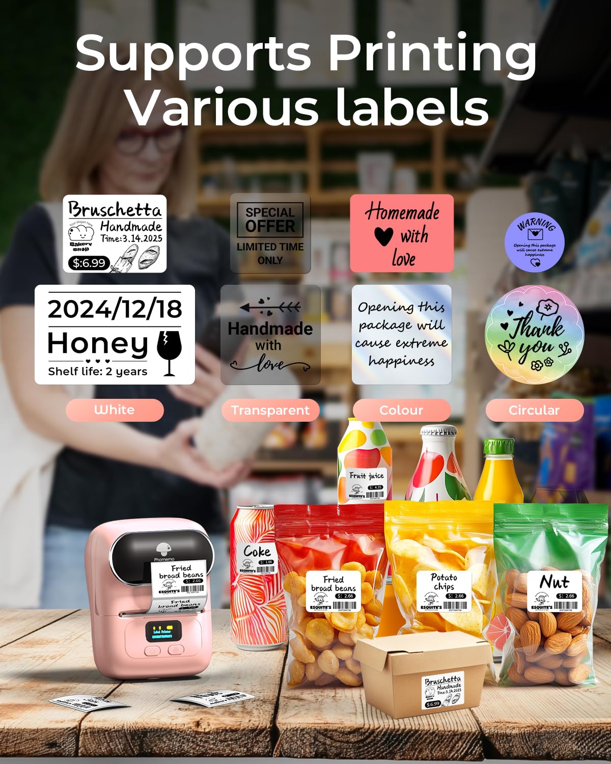Phomemo M110 Label Maker- Portable Mini Bluetooth Thermal Label Printer Apply to Labeling, Office, Cable, Retail, Barcode and More, Compatible with Android & iOS System, with 1 40×30mm Label, Pink