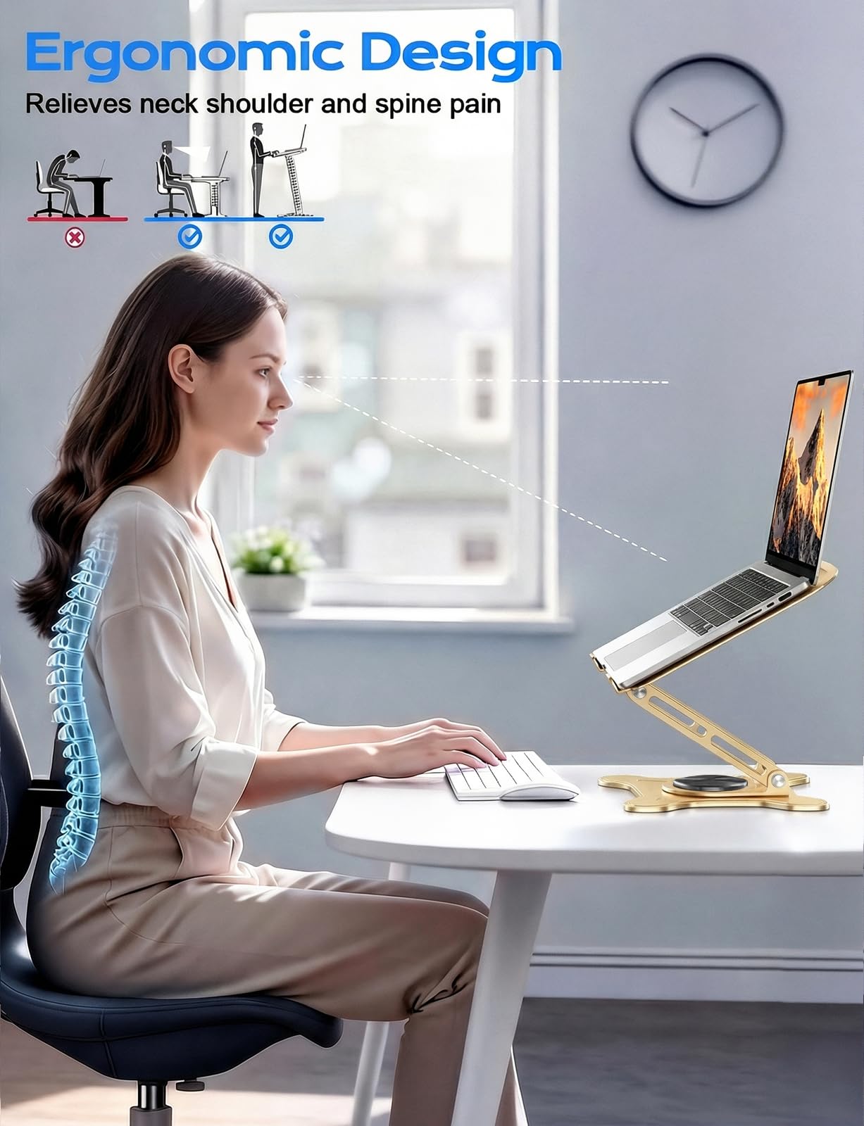 JCZT Adjustable Laptop Stand for Desk, 360° Rotating Base Ergonomic Computer Stand, Laptop Riser Foldable Protable for Office Home Fits Compatible with MacBook Pro/Air Notebook up to 10-16" Gold