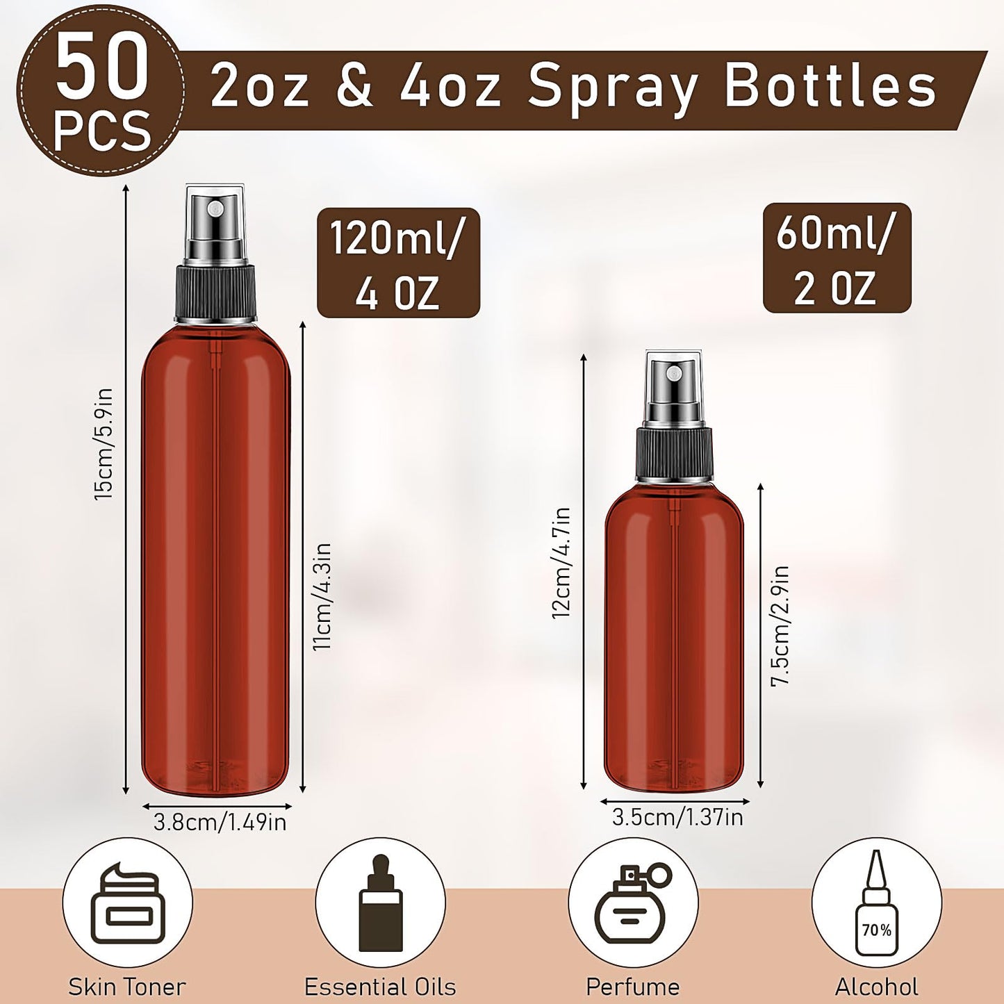 100 Pack Small Spray Bottle 2oz/4oz,Amber Spray Bottle Fine Mist,Plastic Mini Travel Empty Bottle,Reusable Portable Travel Containers for Perfume Essential Oils Cleaning Samples