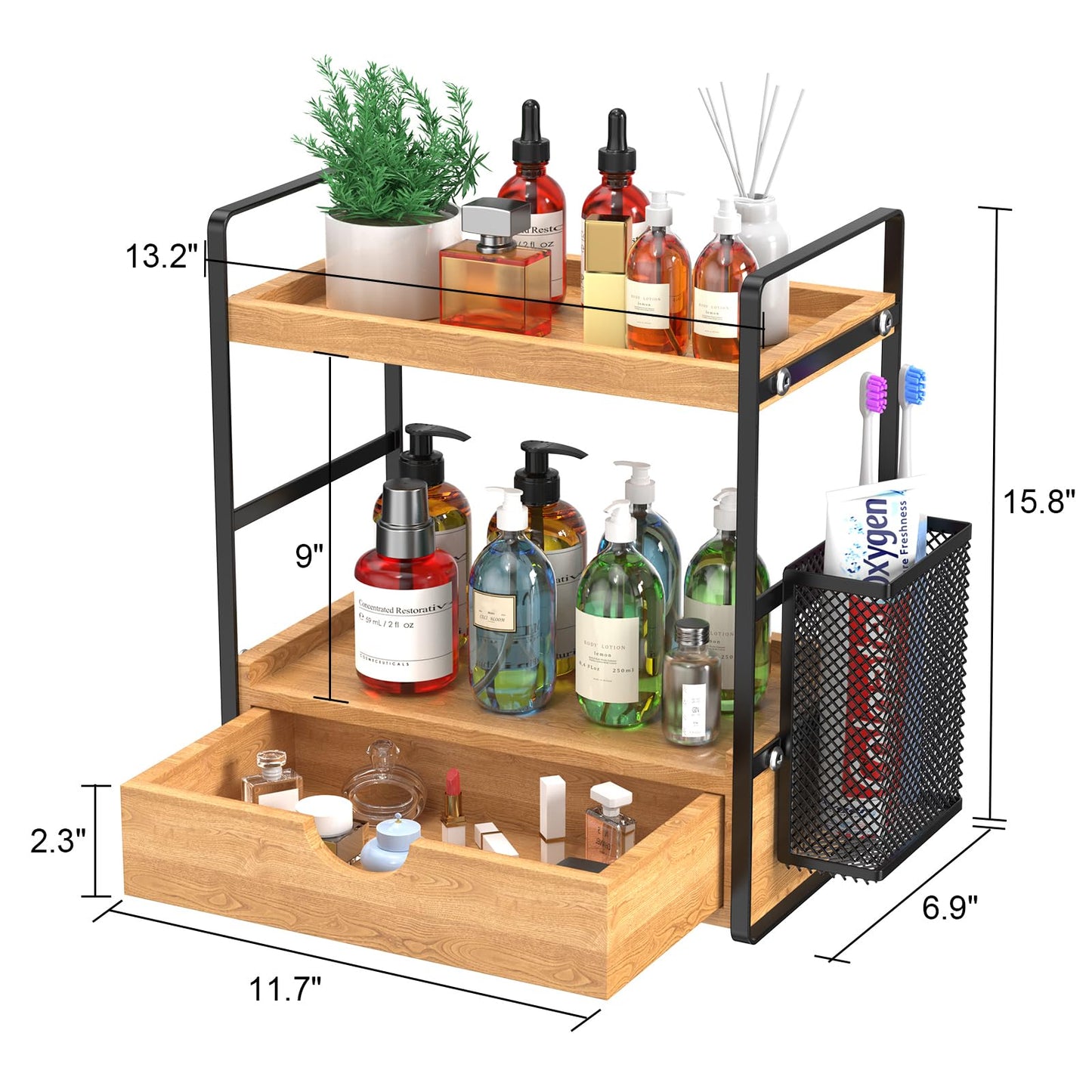 LEMIKKLE 2-Tier Bathroom Counter Organizer with Drawers and Baskets, Multi-Purpose Makeup Organizer Countertop, Large Skincare Organizers, Exquisite Vanity Organizer，Wood