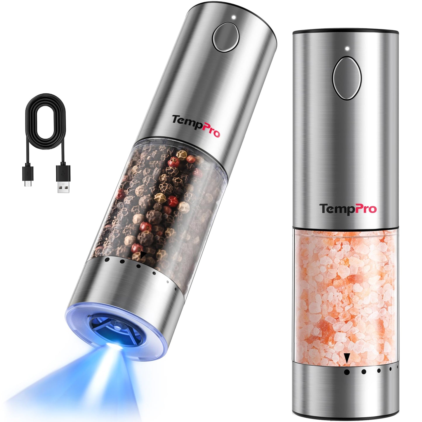 TempPro Electric Salt and Pepper Grinder Set with External Adjustable Coarseness, 100ml Rechargeable Salt and Pepper Shaker with LED light, Stainless Steel Automatic Pepper Mill (Previously ThermoPro)