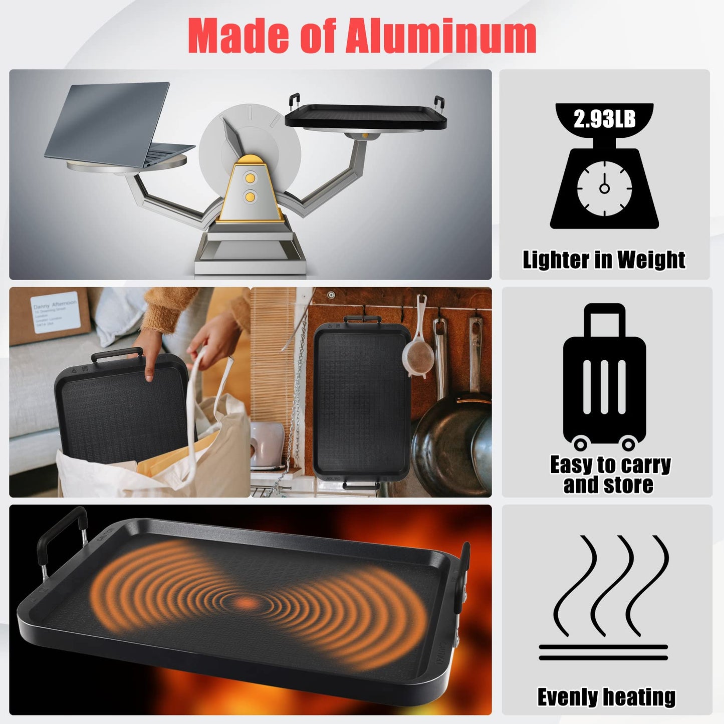 CukAid Stove Top Flat Griddle, 2 Burner Grill Pan for Glass Stove, Aluminum Pancake Griddle, Non-Stick for Gas Grill, Double Burner for Camping/Indoor