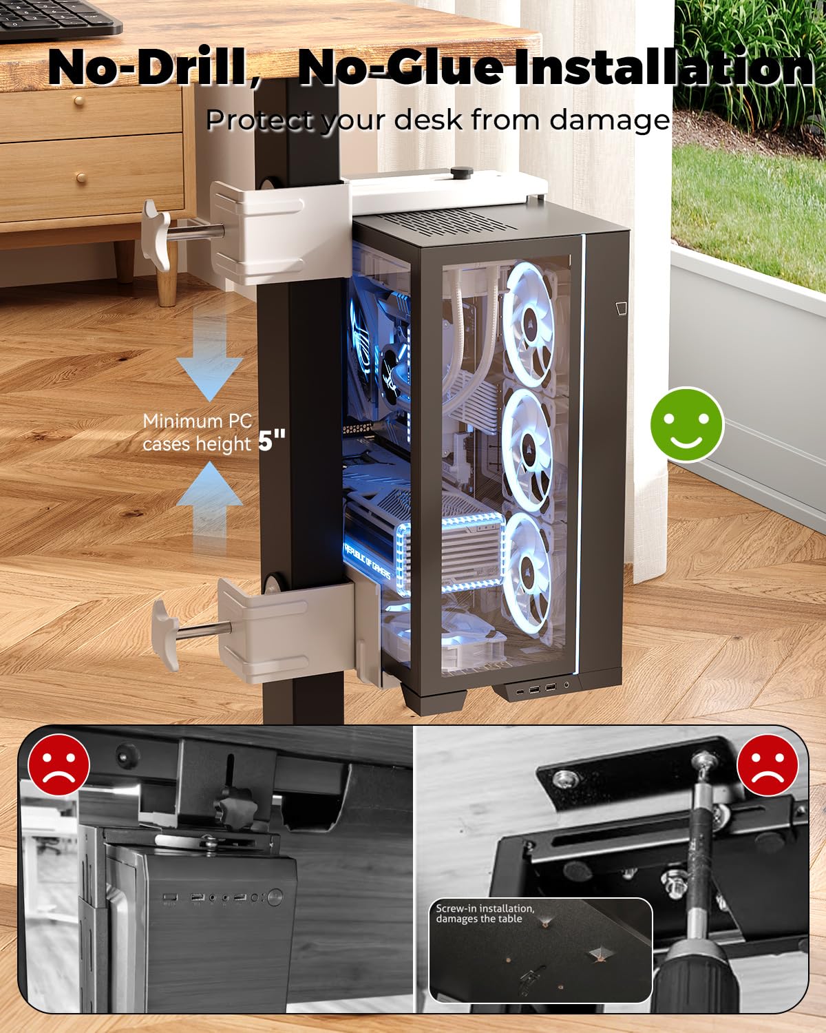 JOY worker Under Desk PC Mount for Standing Desk, Clamp-On Desk Leg Computer Mount, No Drilling, Adjustable Computer Case CPU Holder Holds Up to 44lbs, White PC Tower Mount