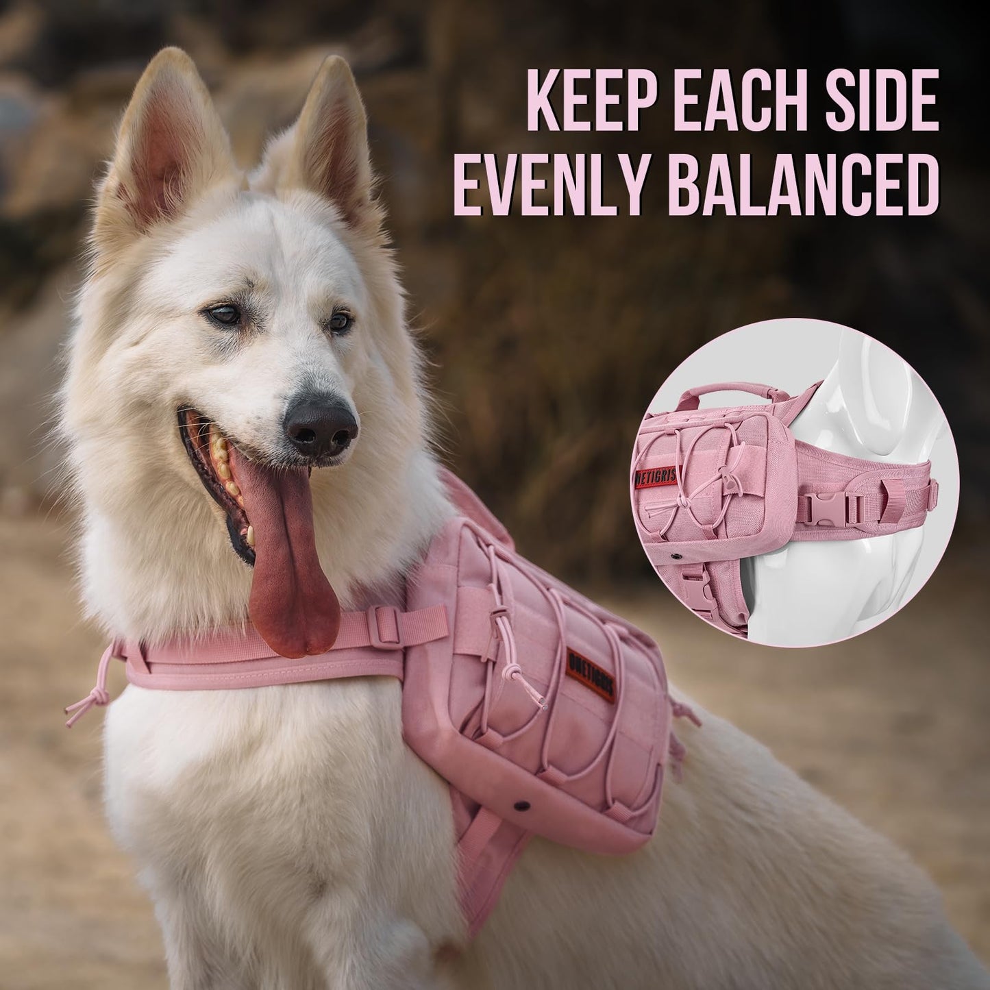 OneTigris Backpack for Dogs to Wear Pet Back Pack with Padded Handle and Leash Attachment Point for Dog with 17"-23.5" Neck Girth and 25"-31" Chest (Pink, Large)
