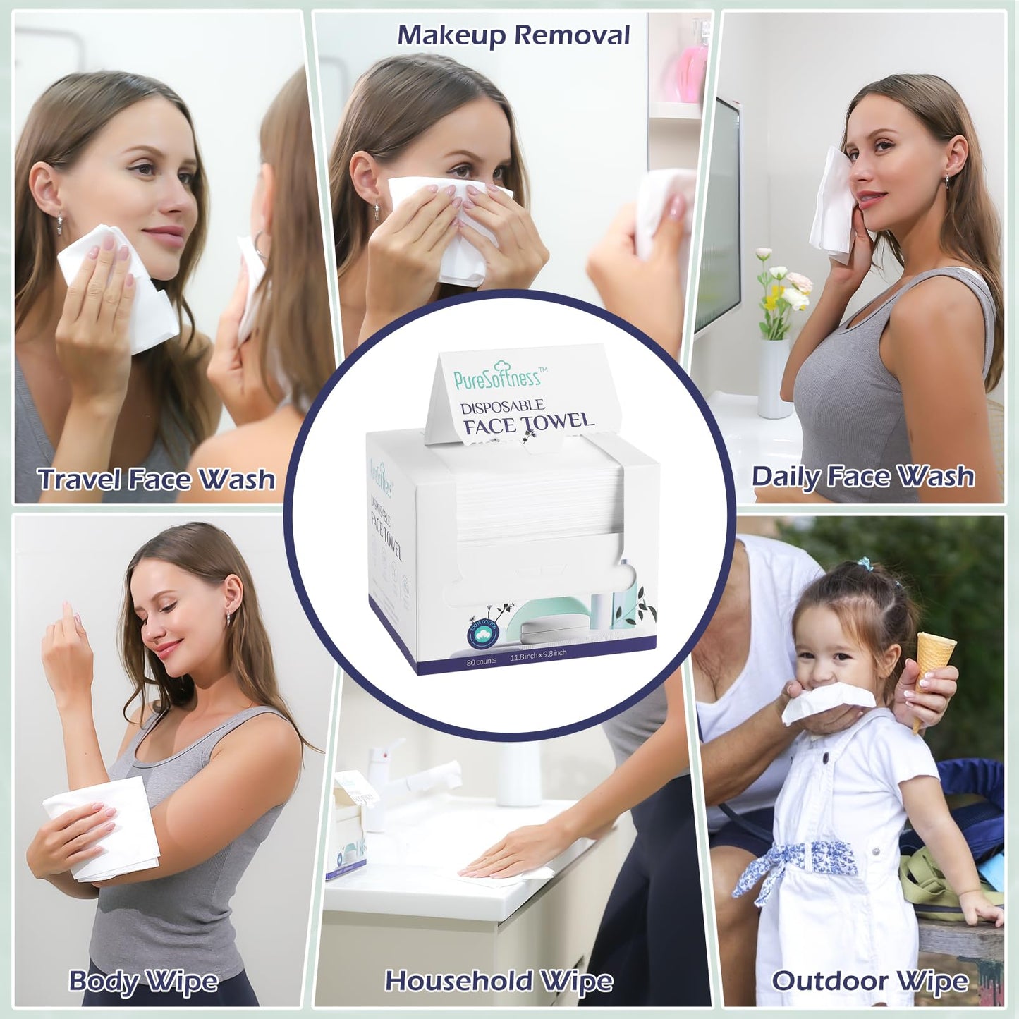 PureSoftness Disposable Face Towel, 100% Cotton, 80 Count, Extra Large 12" x 10", Soft Dry Wipe Face Wash, Makeup Remover, Biodegradable Towelette for Sensitive Skin (1 pack) (4, White, Extra Large)