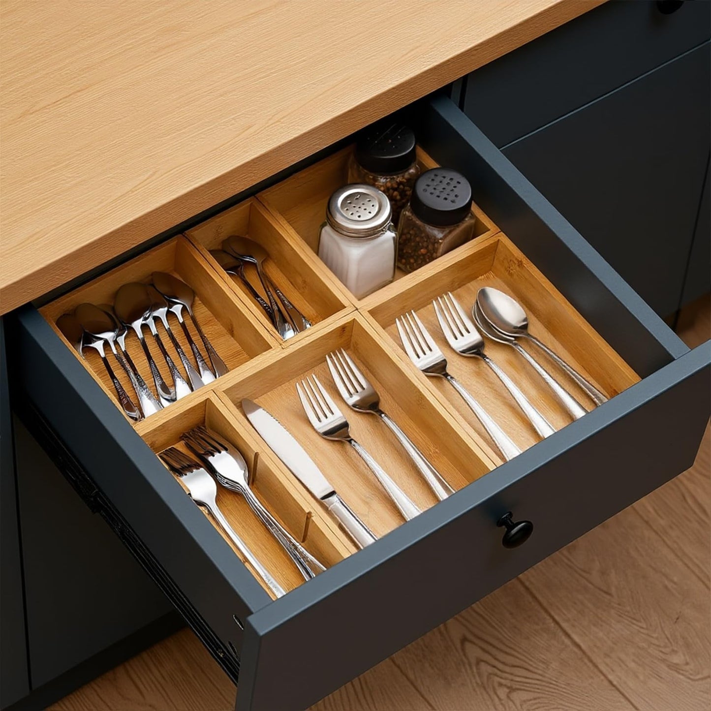 Drawer Organizer, Set of 9 Bamboo Wood Kitchen Makeup Desk Junk Tea Drawer Storage Boxes Bins for Cutlery Silverware Utensils Flatware, Small Wooden Container Tray for Bathroom, Office