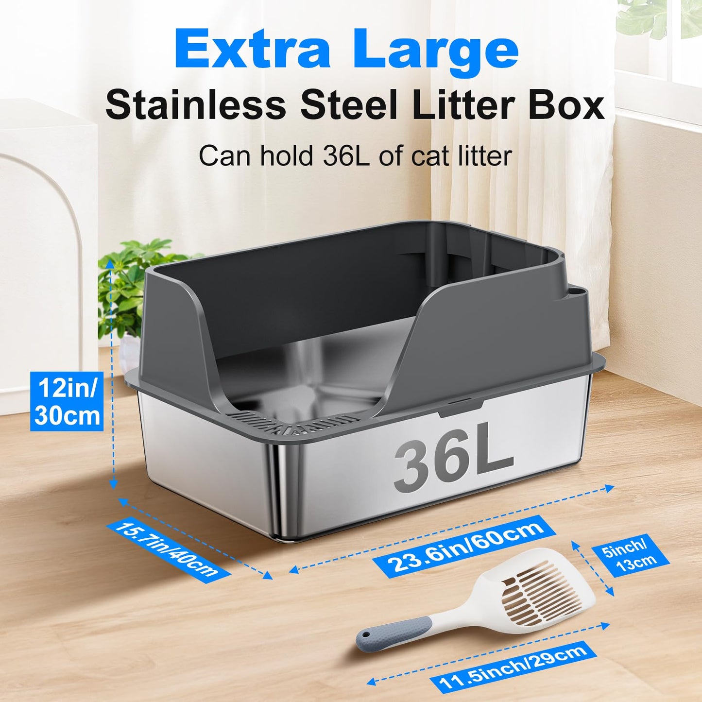 Stainless Steel Cat Litter Box with Lid, XL Litter Box for Big Cats, High Sided Metal Pan, Anti Leakage,Odor-Free & Easy Cleaning,Included Scoop &Trash Bag*2 & Mat & Sticker (Grey)