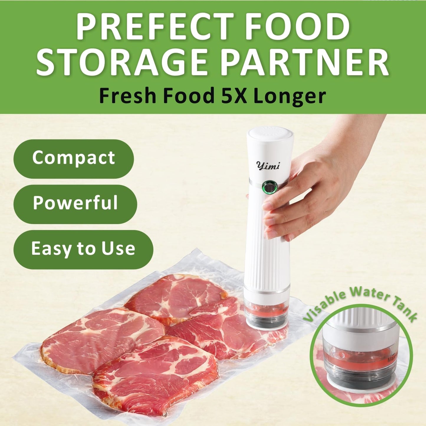 Yimi Vacuum Sealer, Handheld Vacuum Sealer for Food, with 44 Reusable Vacuum Sealer Bags, S, M, L size, Portable Vacuum Sealer with Visual Water Tank, with wireless Rechargeable for Kichen, Camping