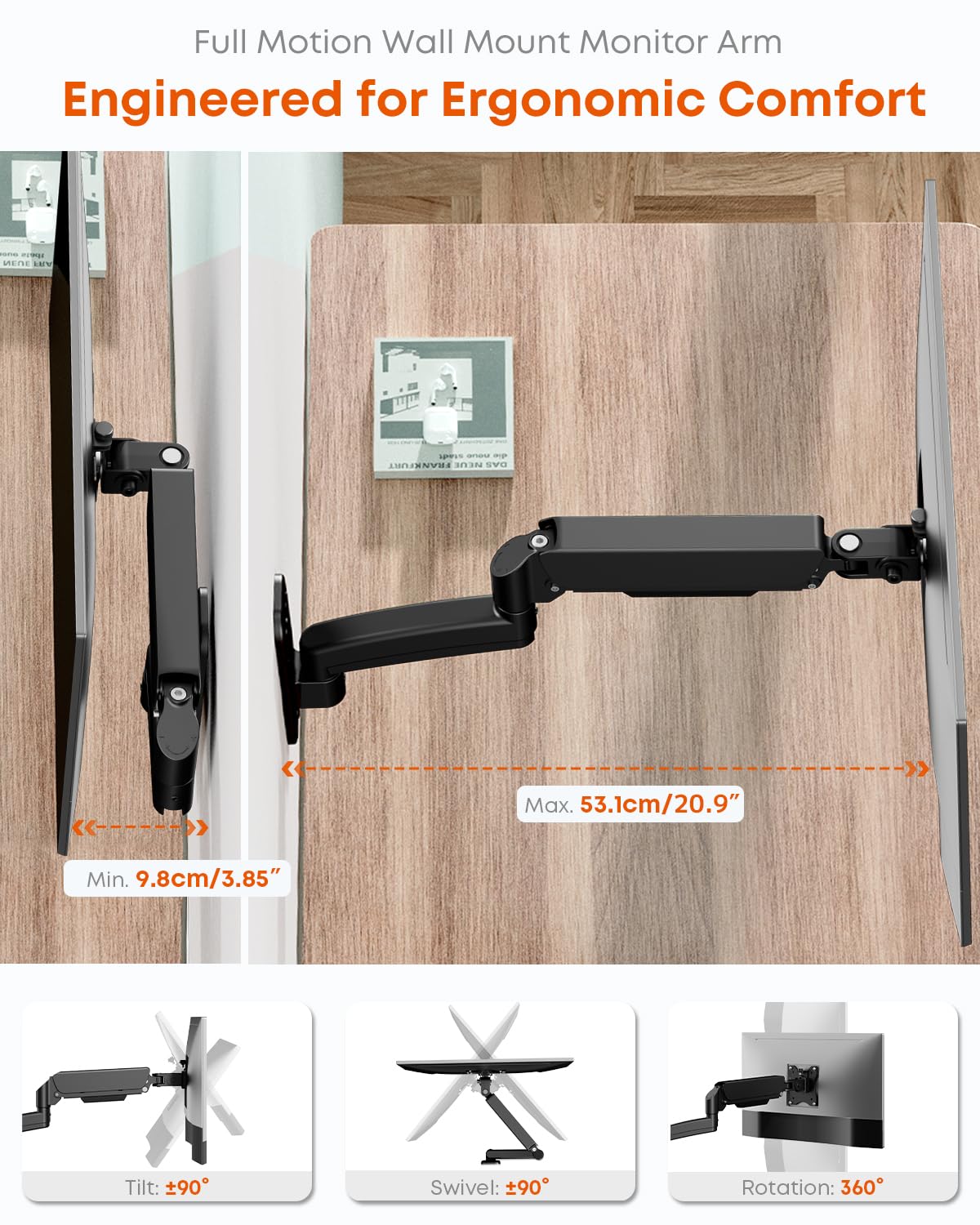 Single Monitor Wall Mount Bracket - Full Motion Gas Spring Arm for 13-32" Screens, Holds Up to 19.8 lbs (9 kg), Height Adjustable Wall Mount Monitor Arm, Tilt, Swivel, Rotation, VESA 75/100mm, Black