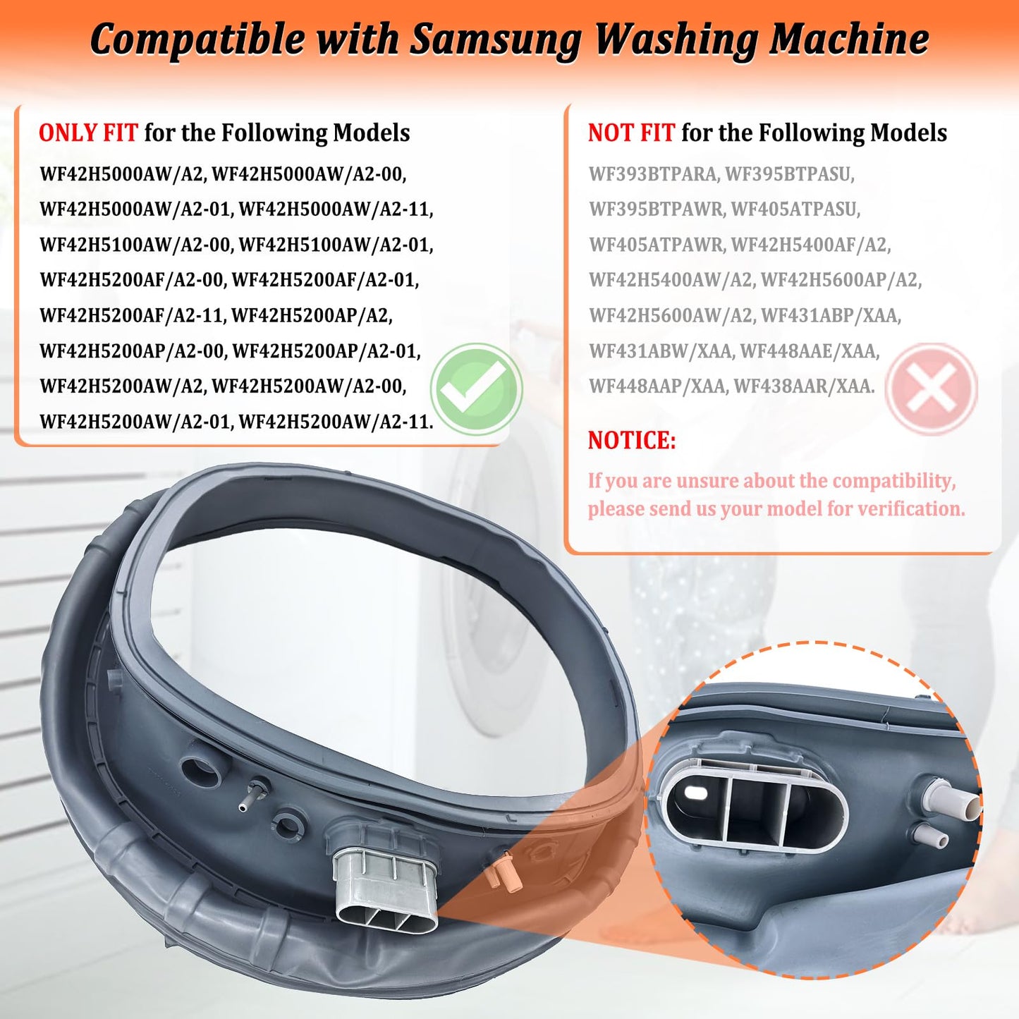 Upgraded DC97-18094B Washer Door Boot Seal for Washing Machine WF42H5000AW/A2 WF42H5100AW/A2 WF42H5200AF/A2 WF42H5200AP/A2 WF42H5200AW/A2 Door Bellow Gasket Diaphragm AP5917067 PS9606239