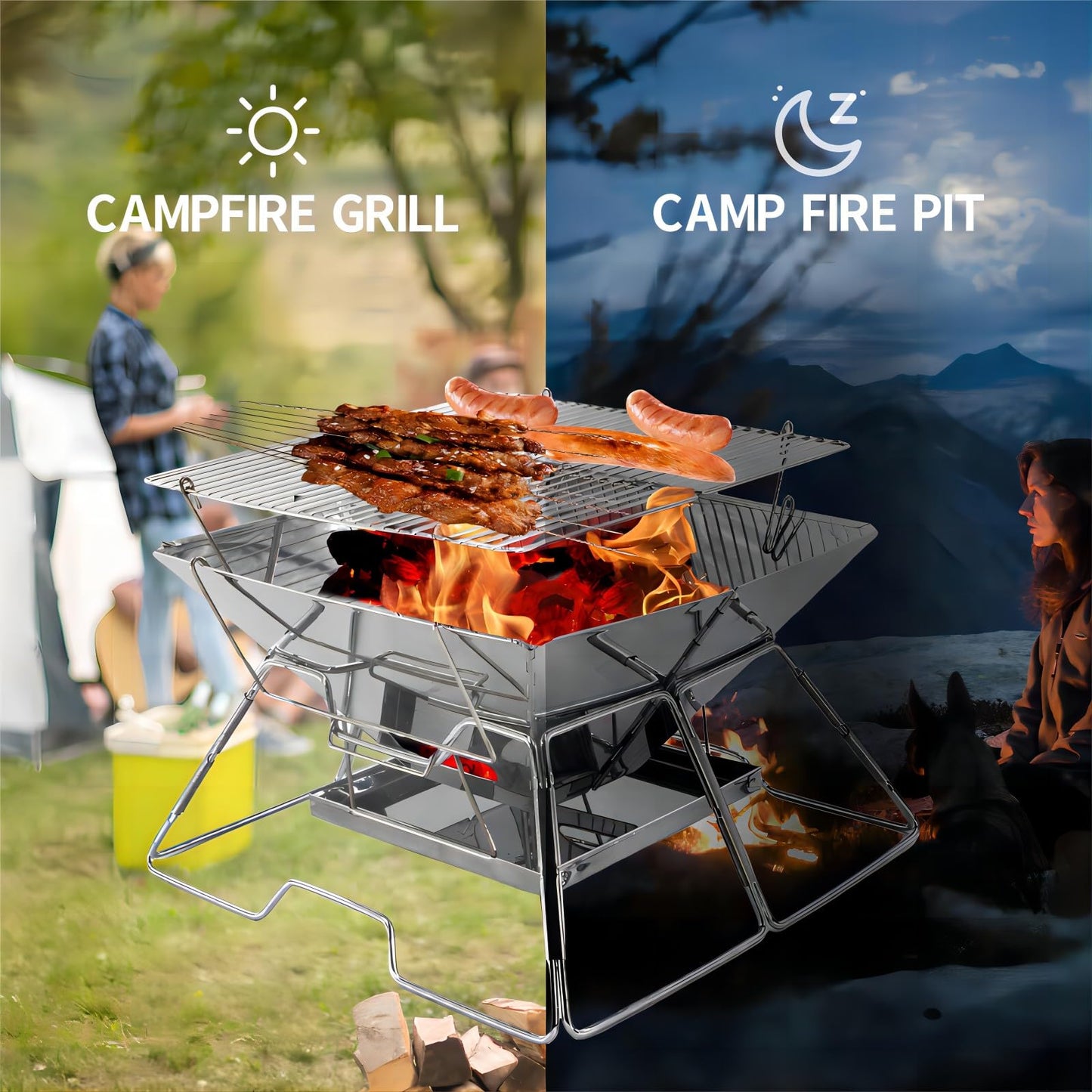 Collapsible Stainless Steel Fire Pit -OZHOMY Portable 304 Stainless Steel Grill Campfire Pit Liftable Wood Burning Charcoal Grill with Ashtray for Camping Picnics Backpacking Backyard Garden (Large)