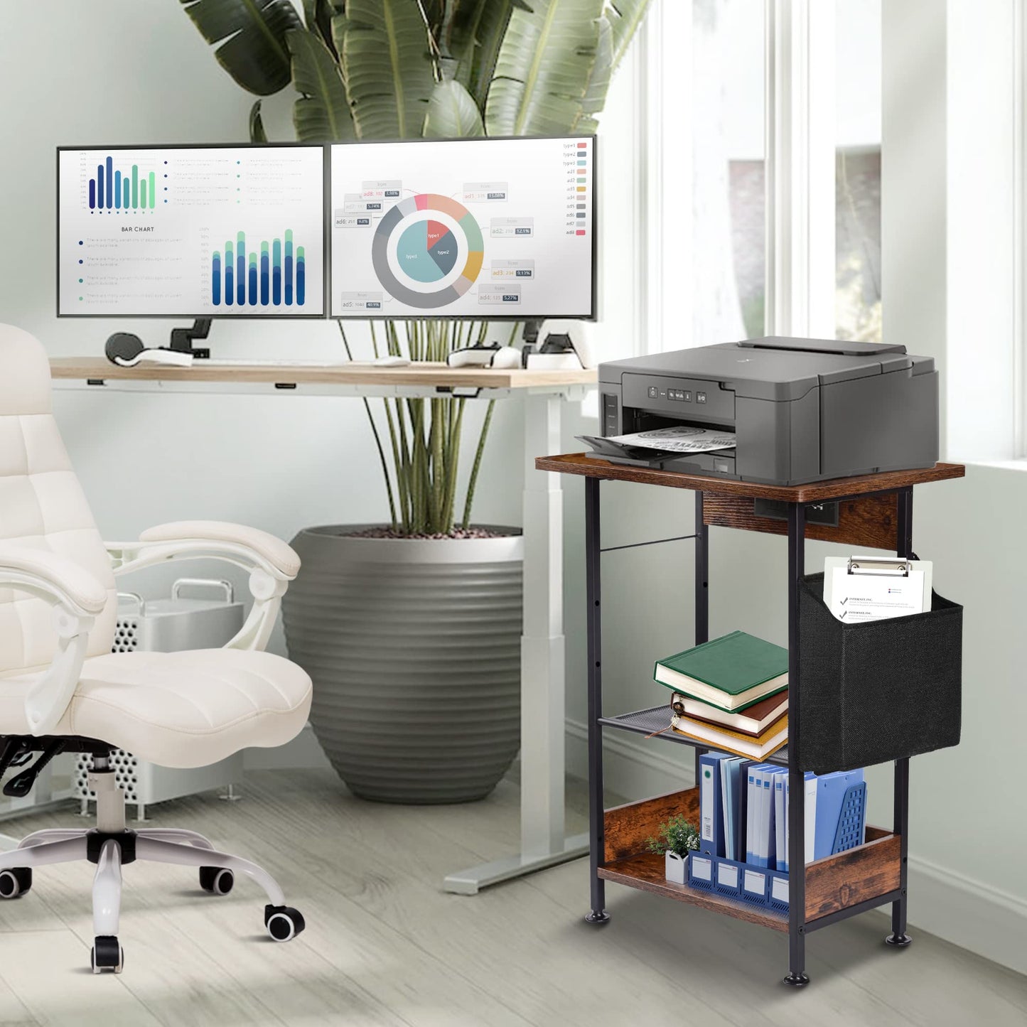 3-Tier Printer Stand with Storage - Movable Printer Table with Wheels - Printer Cart with Charging Station Adjustbale End Table for Home Office, Kitchen, Rustic Brown