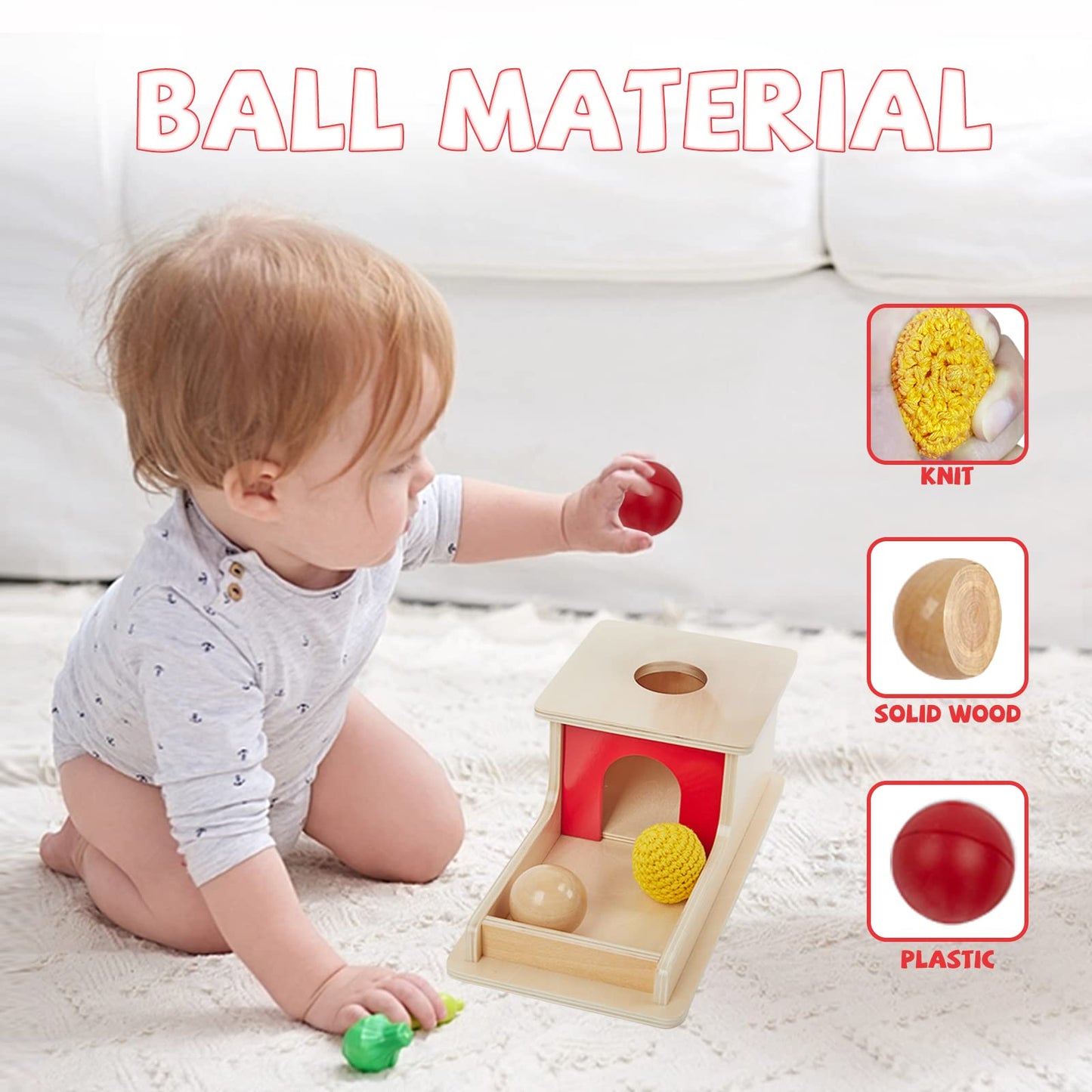 Adena Montessori Full Size Object Permanence Box with Tray Three Balls Montessori Toys for 6-12 Month Infant (Three Balls (Wood, Plastic,Knitted))