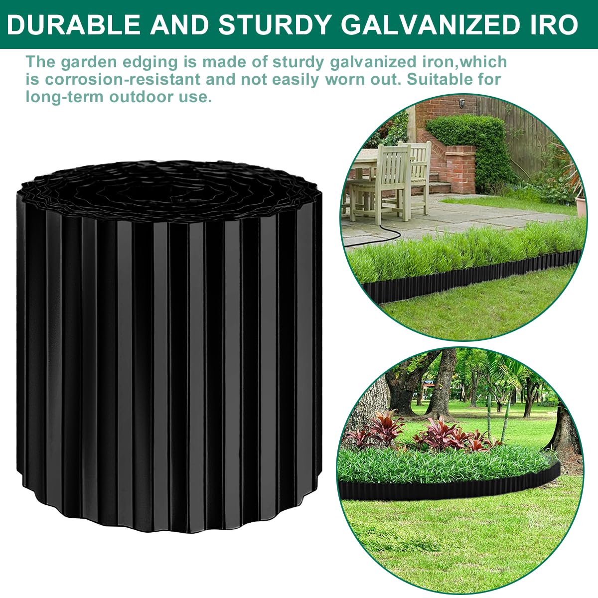 Metal Garden Edging Border 12in x 20ft,Corrugated Lawn Edging Borders,Galvanized Landscape Edging,Flexible Long Strips for Raised Flower Bed Tree Surrounds -Black